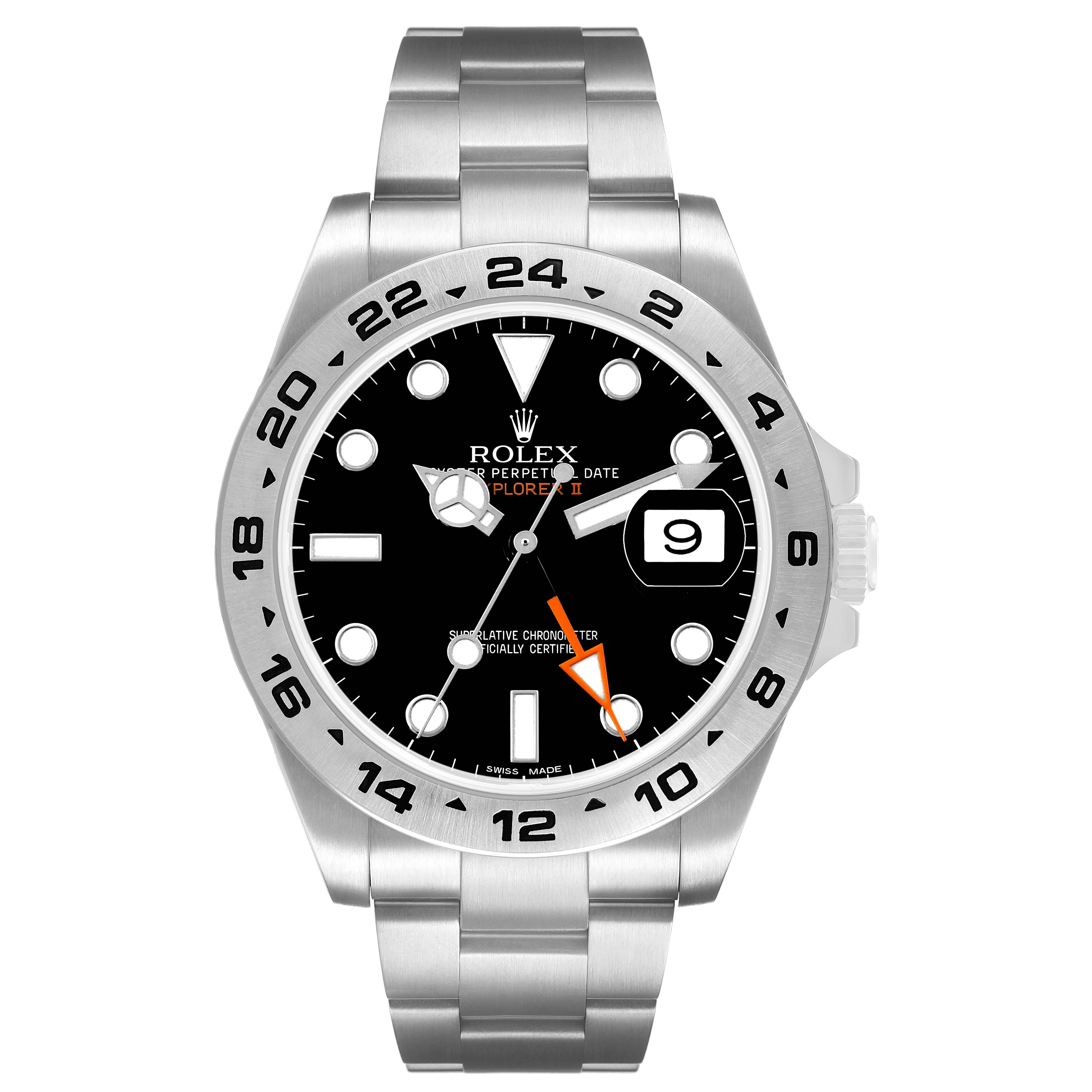 The image shows a front view of the Rolex Explorer 216570 Men's Stainless Steel Black Dial II watch, highlighting the dial, bezel, and bracelet.