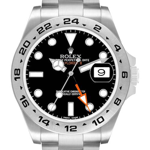 The image shows a frontal view of the Rolex Explorer 216570 Men's Stainless Steel Black Dial II, highlighting its dial, bezel, and bracelet.