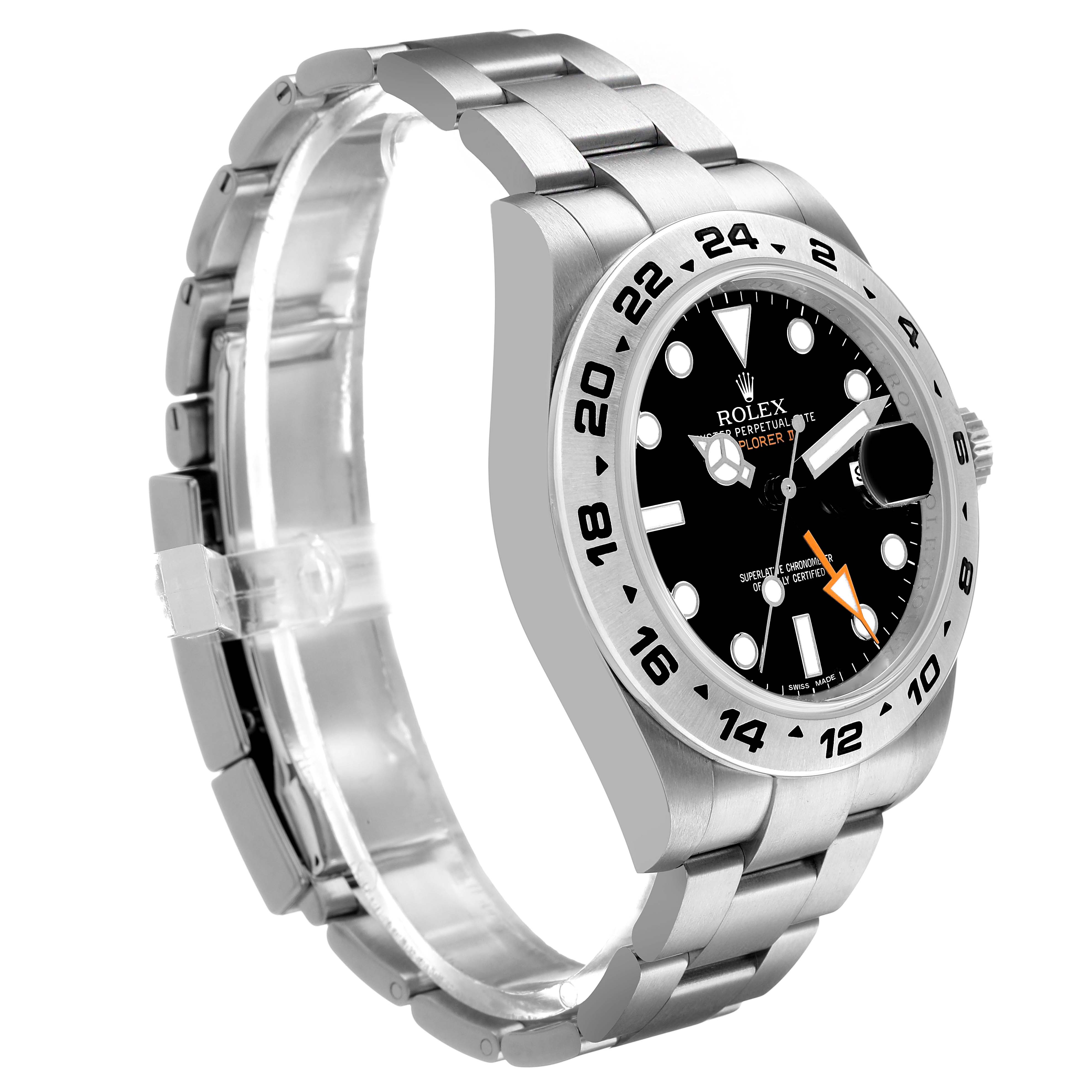 The Rolex Explorer 216570 Men's Stainless Steel Black Dial watch is shown at a slight angle highlighting the bezel, dial, bracelet, and crown.
