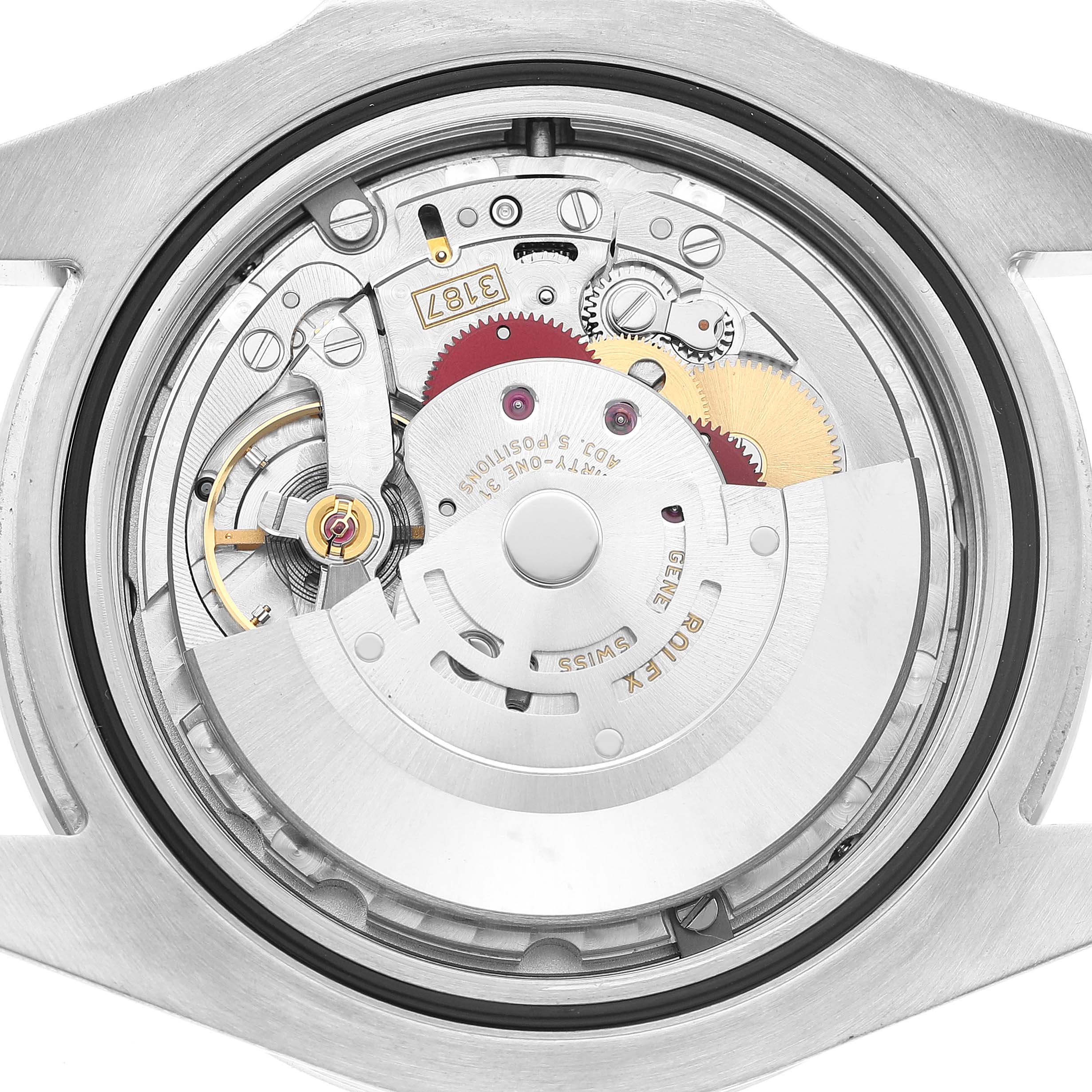 The image shows the movement mechanism of a Rolex Explorer 216570 Men's Stainless Steel Black Dial watch from a top-down angle.