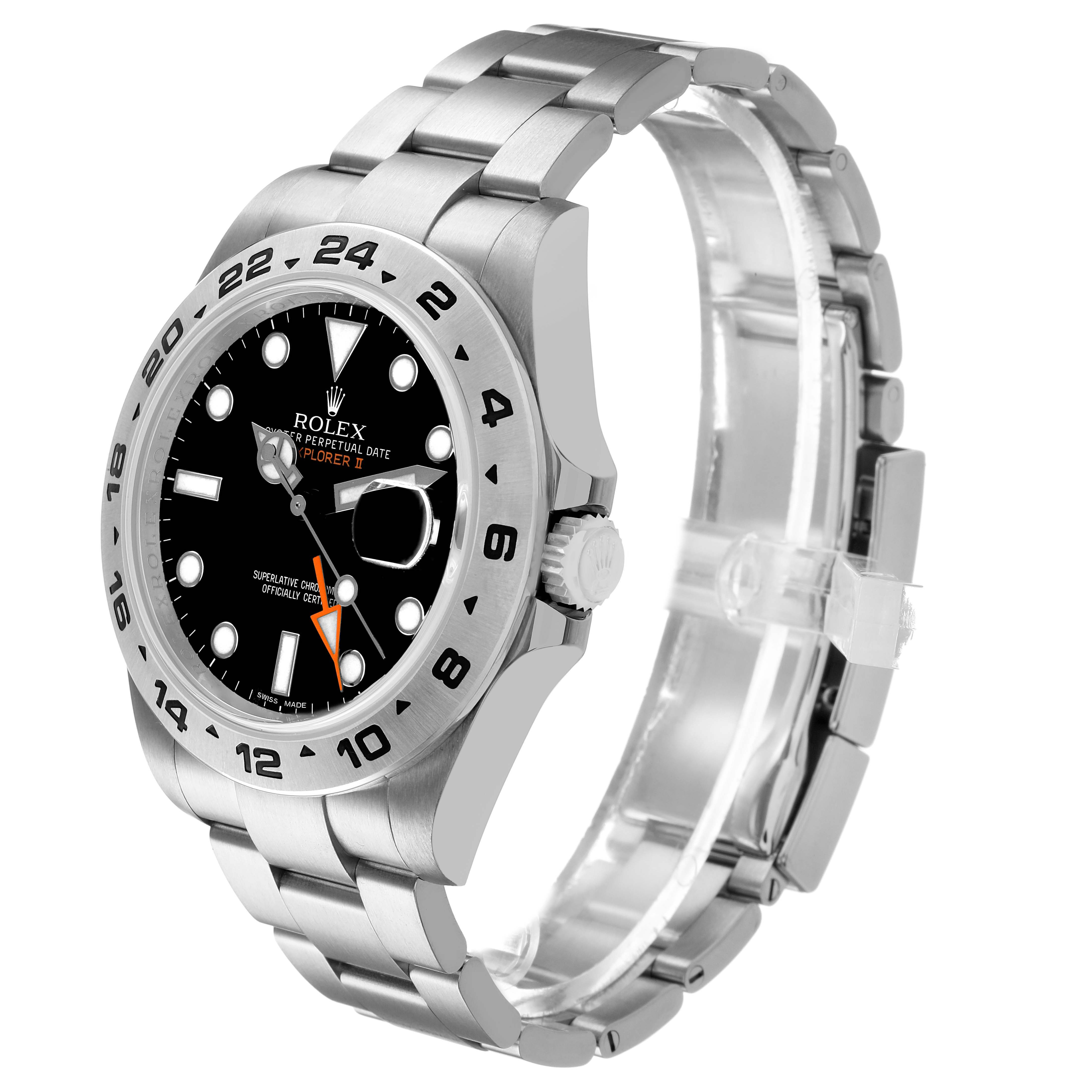 The Rolex Explorer 216570 Men's Stainless Steel Black Dial watch is shown at a three-quarter angle, highlighting the dial, bezel, crown, and bracelet.