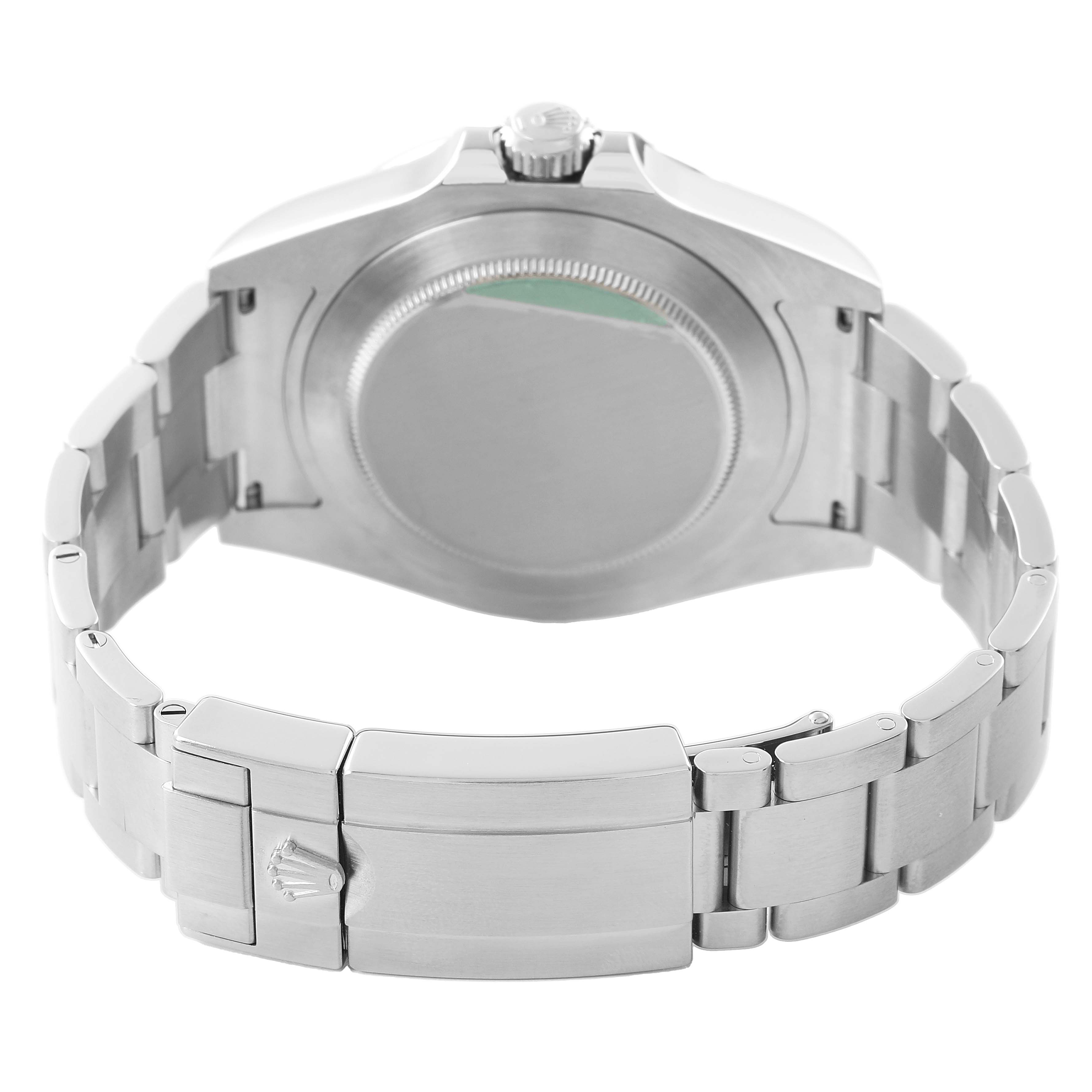 The image shows the back of a Rolex Explorer 216570 Men's Stainless Steel Black Dial, highlighting the case back, crown, and metal bracelet with a clasp.