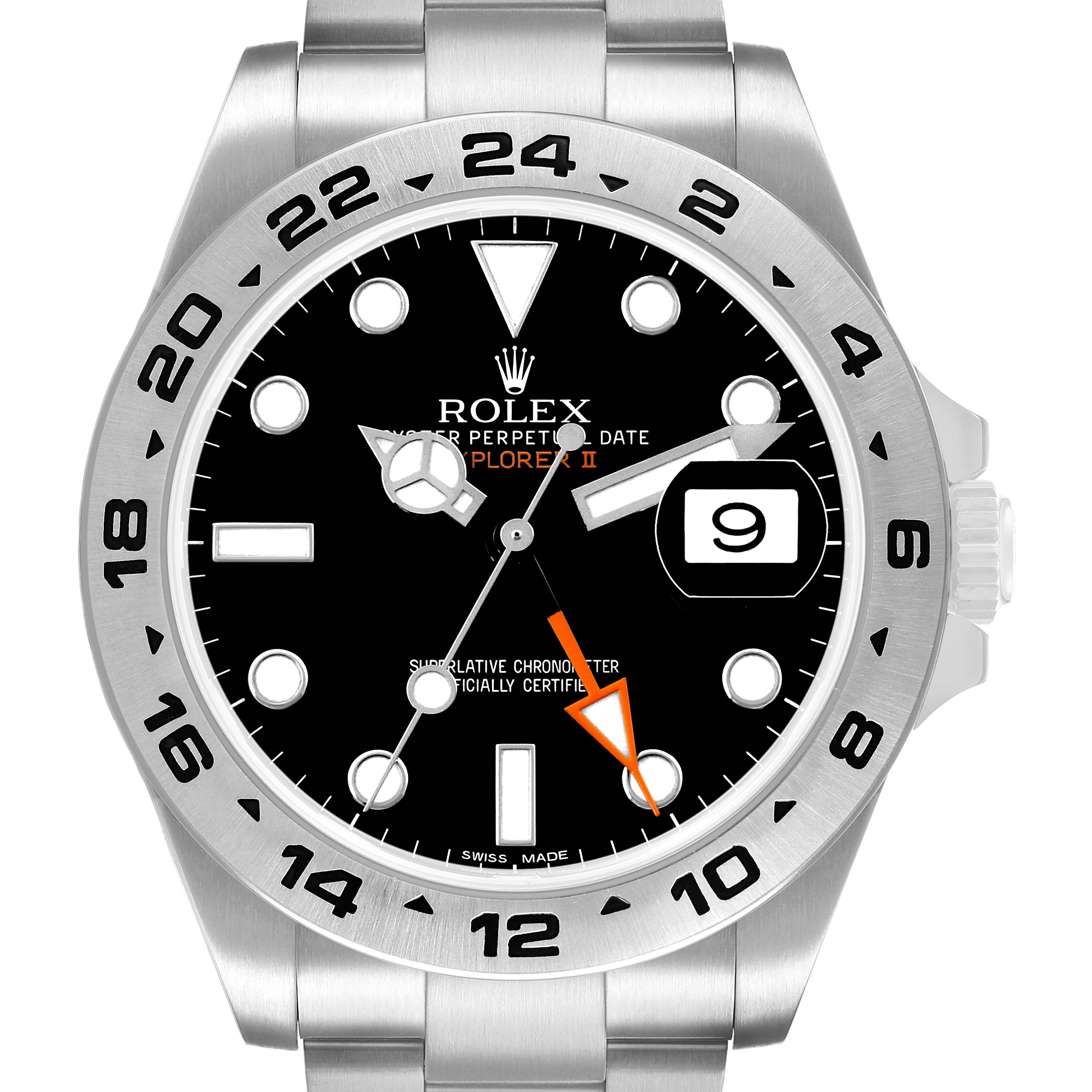 The Rolex Explorer 216570 Men's Stainless Steel Black Dial model is shown from a front angle, displaying the face, bezel, crown, and part of the bracelet.
