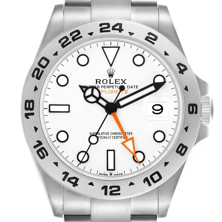 The image shows a front view of the Rolex Explorer II watch, highlighting the dial, bezel, and part of the bracelet.