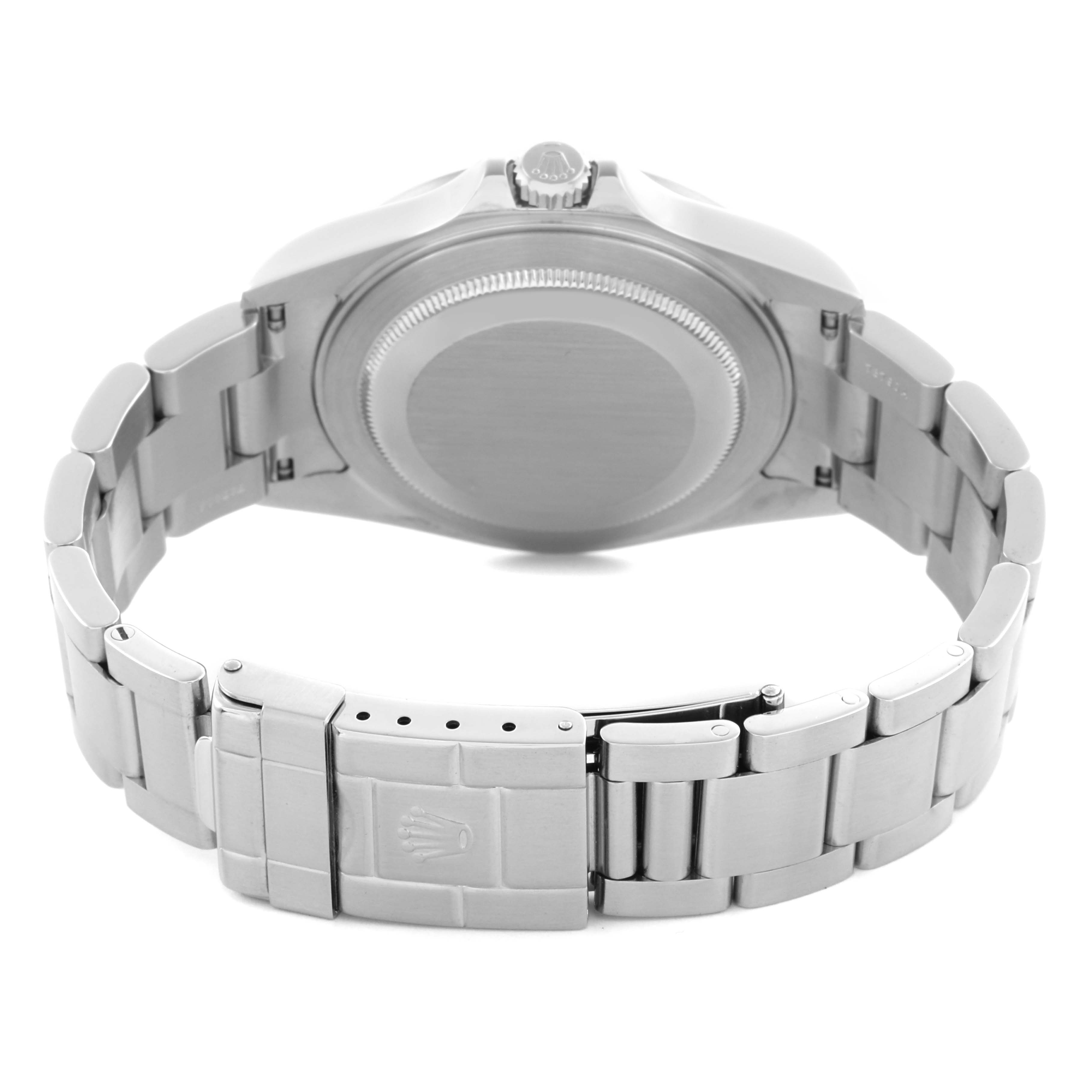 The image shows the back of a Rolex Explorer 16570 Men's Stainless Steel Black Dial 16570 Men's Stainless Steel Black Dial watch, displaying the case back, bracelet, and clasp.