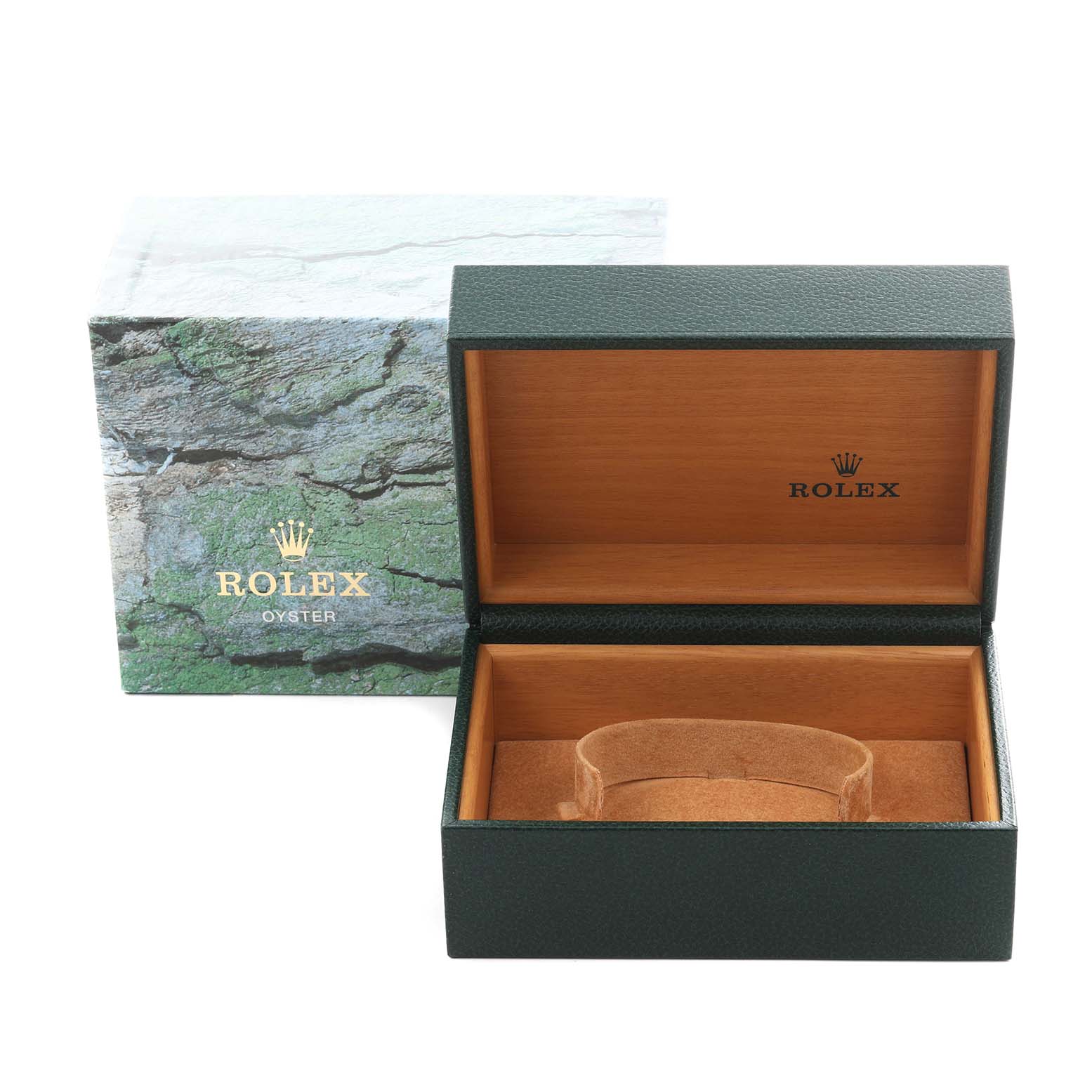 The image shows an open Rolex watch box for the Explorer model, with an exterior box featuring a textured, green design.