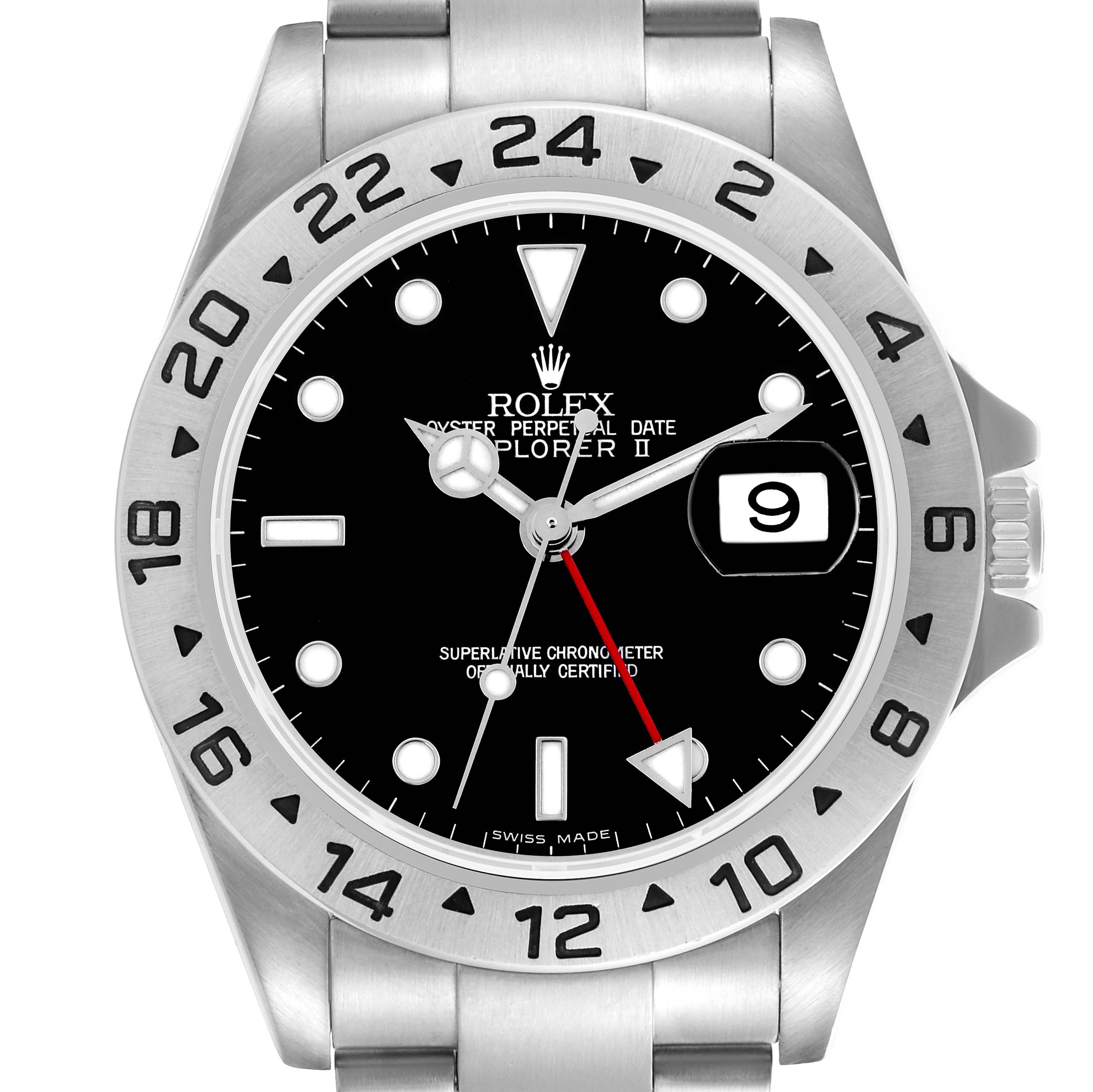 The Rolex Explorer 16570 Men's Stainless Steel Black Dial 16570 Men's Stainless Steel Black Dial watch is shown from the front, highlighting the dial, bezel, and date window.