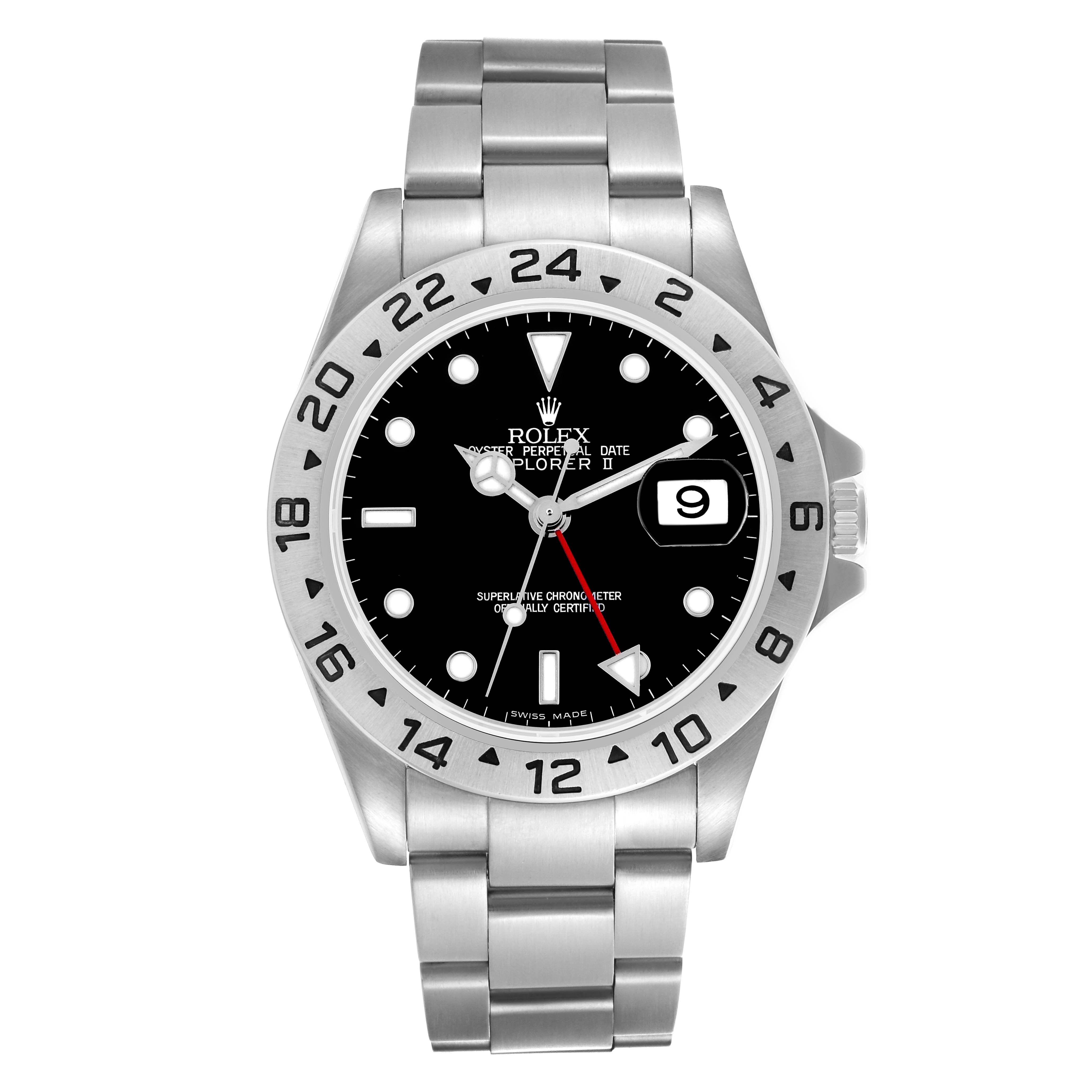 The Rolex Explorer 16570 Men's Stainless Steel Black Dial 16570 Men's Stainless Steel Black Dial watch is shown from the front, displaying the dial, bezel, bracelet, and crown.