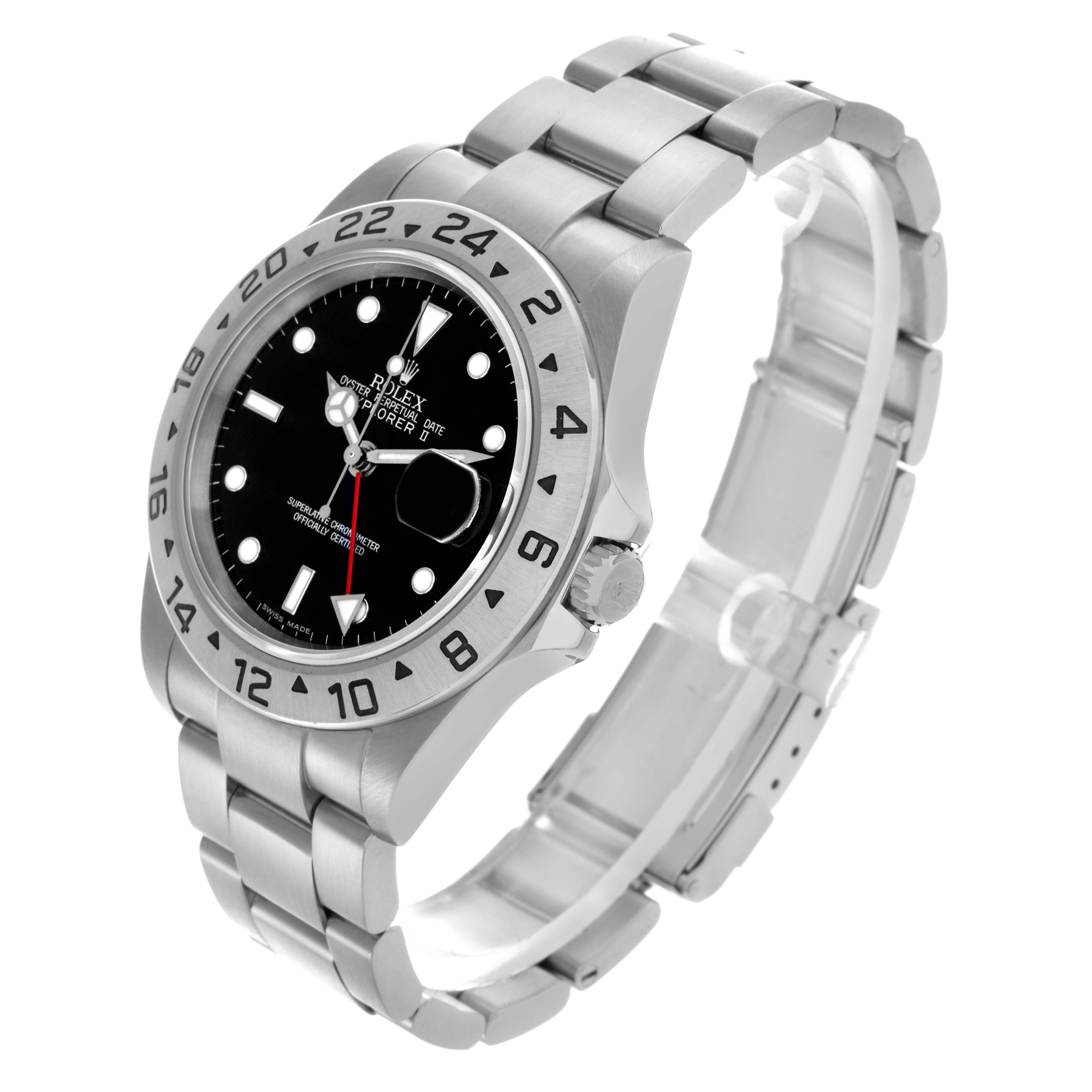 The Rolex Explorer 16570 Men's Stainless Steel Black Dial 16570 Men's Stainless Steel Black Dial watch is shown at a three-quarter angle, highlighting the dial, bezel, crown, and bracelet.