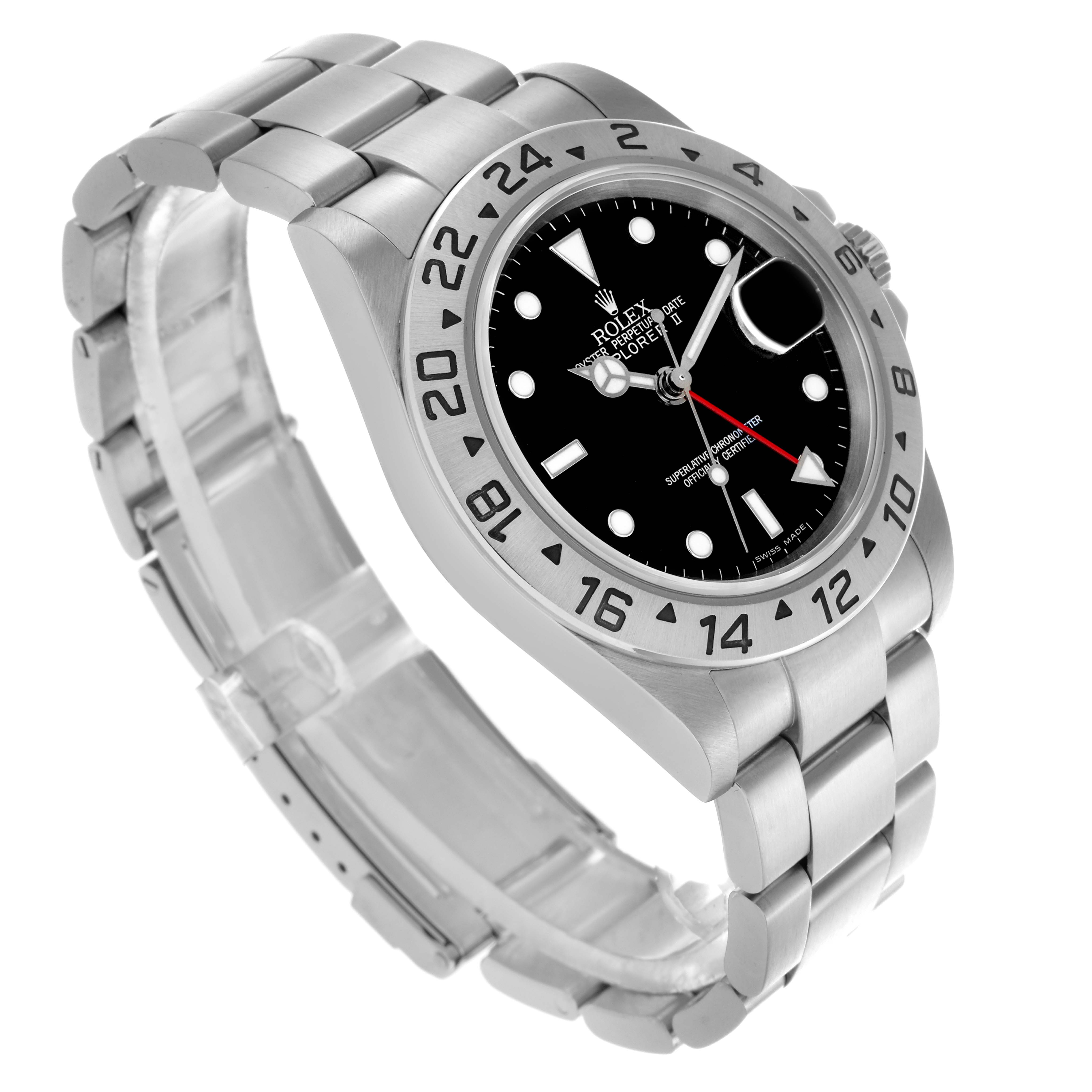 The Rolex Explorer 16570 Men's Stainless Steel Black Dial 16570 Men's Stainless Steel Black Dial watch is shown at an angled, high view highlighting the bezel, dial, and bracelet.
