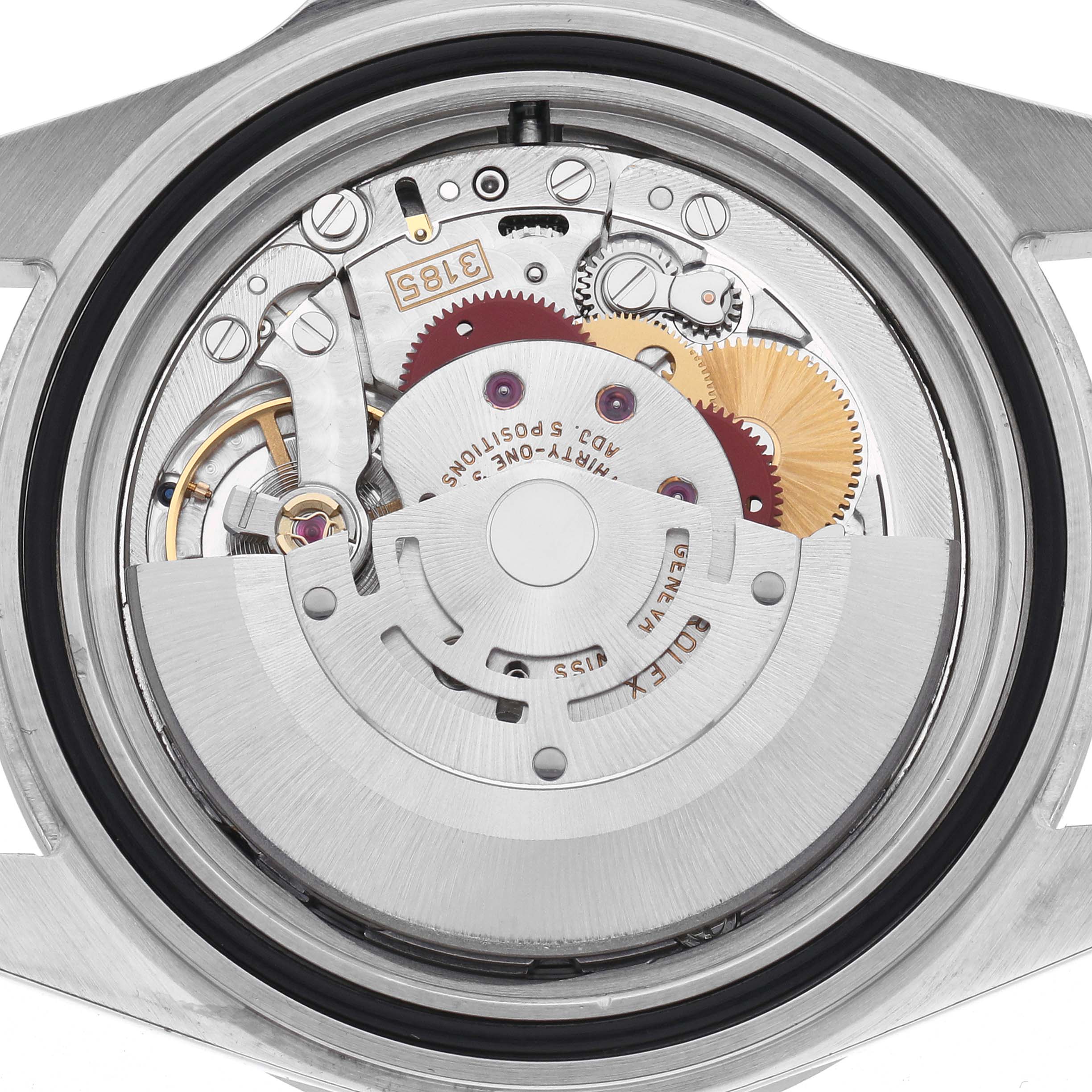 This image shows the inner mechanism of a Rolex Explorer 16570 Men's Stainless Steel Black Dial 16570 Men's Stainless Steel Black Dial watch from a direct overhead angle, highlighting gears and the rotor.