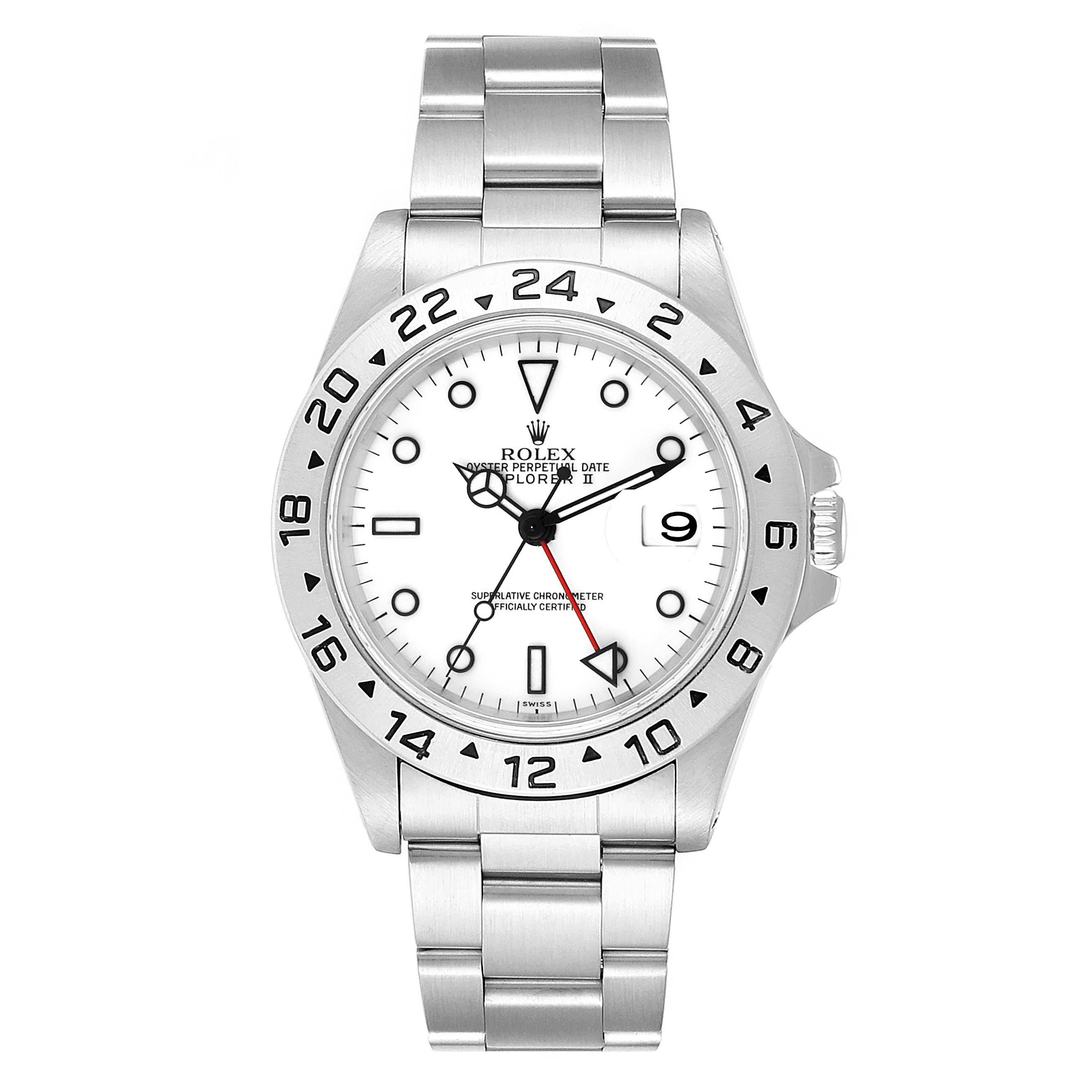 This is a front view of a Rolex Explorer 16570 Men
s Stainless Steel White Dial 16570 Men
s Stainless Steel White Dial watch, showing the dial, bezel, bracelet, and crown.