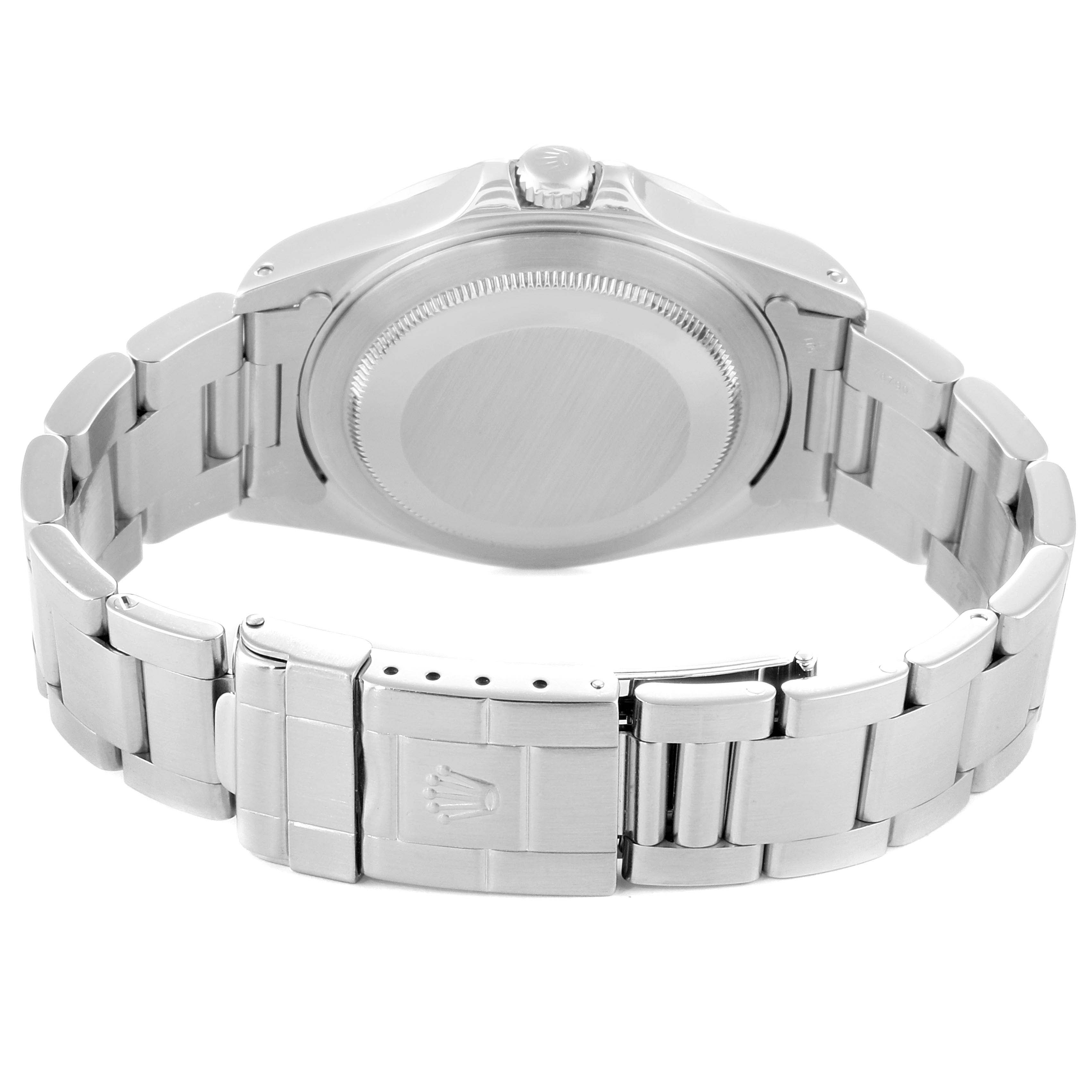 This image shows the back case and bracelet of the Rolex Explorer 16570 Men
s Stainless Steel White Dial 16570 Men
s Stainless Steel White Dial watch from a rear angle.