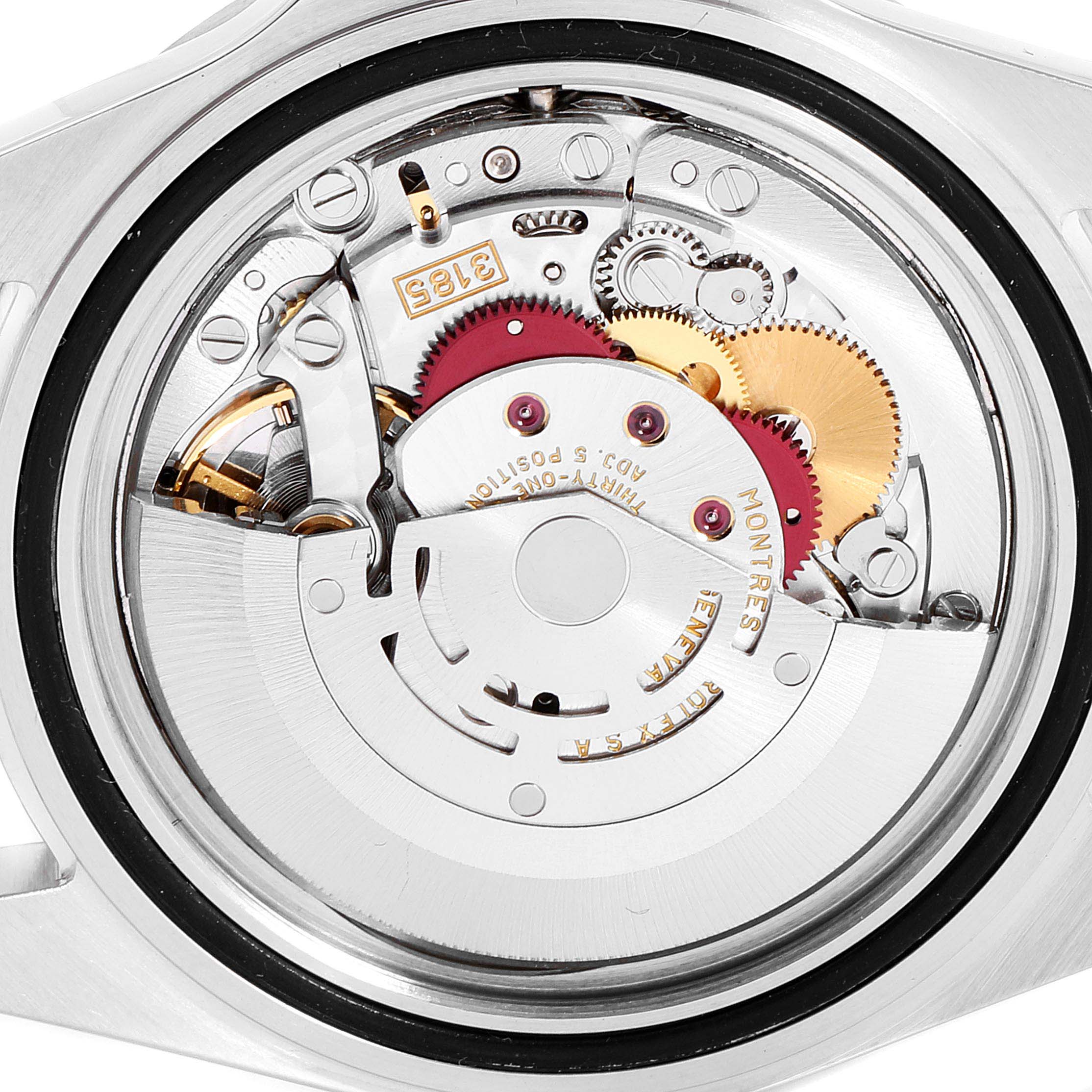 This image shows the detailed inner mechanism of a Rolex Explorer 16570 Men
s Stainless Steel White Dial 16570 Men
s Stainless Steel White Dial watch viewed from the back.