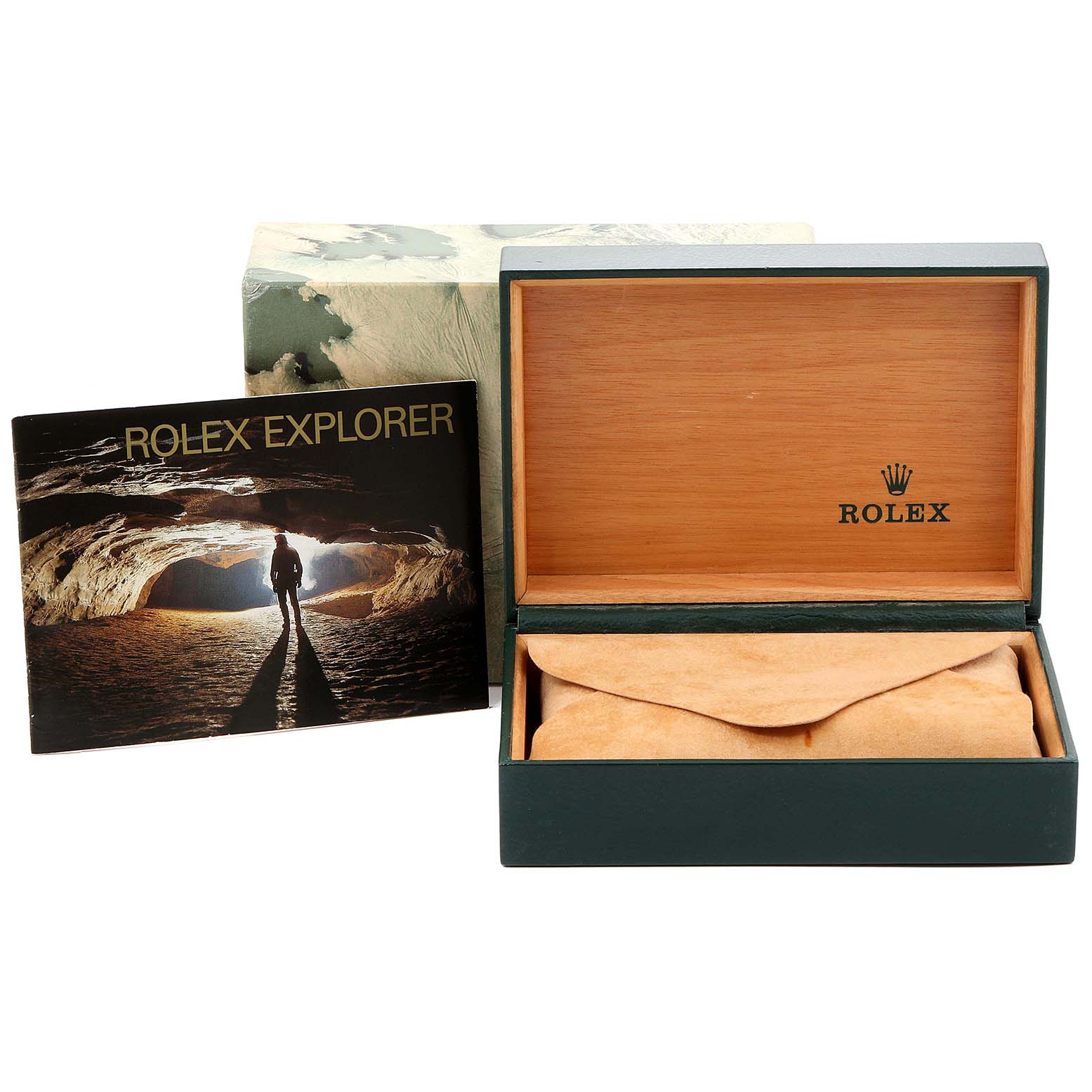 The image shows an open box and a booklet for the Rolex Explorer 16570 Men
s Stainless Steel White Dial 16570 Men
s Stainless Steel White Dial model watch.
