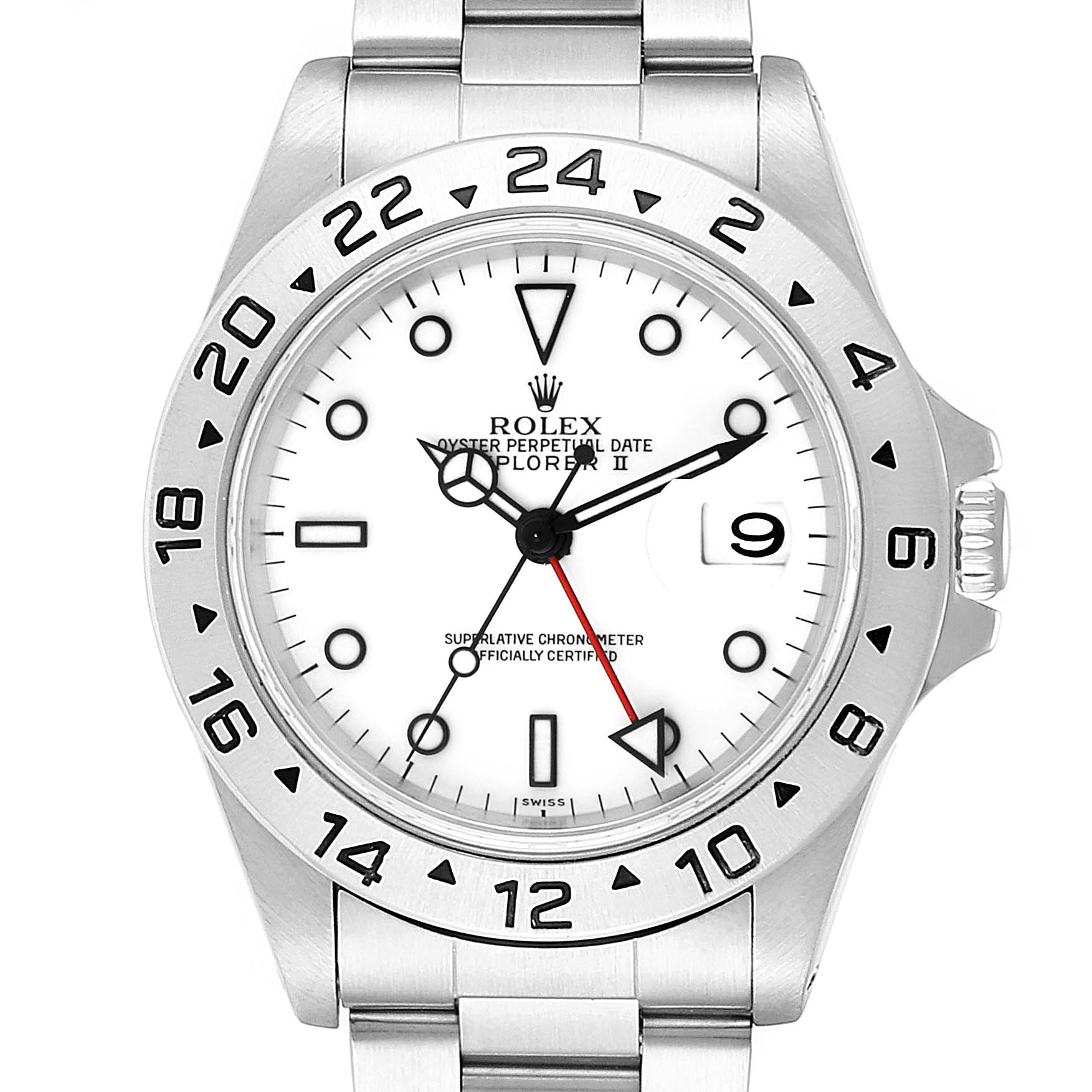 The image shows a front view of the Rolex Explorer 16570 Men
s Stainless Steel White Dial 16570 Men
s Stainless Steel White Dial watch, displaying a white dial, date window, and 24-hour bezel.