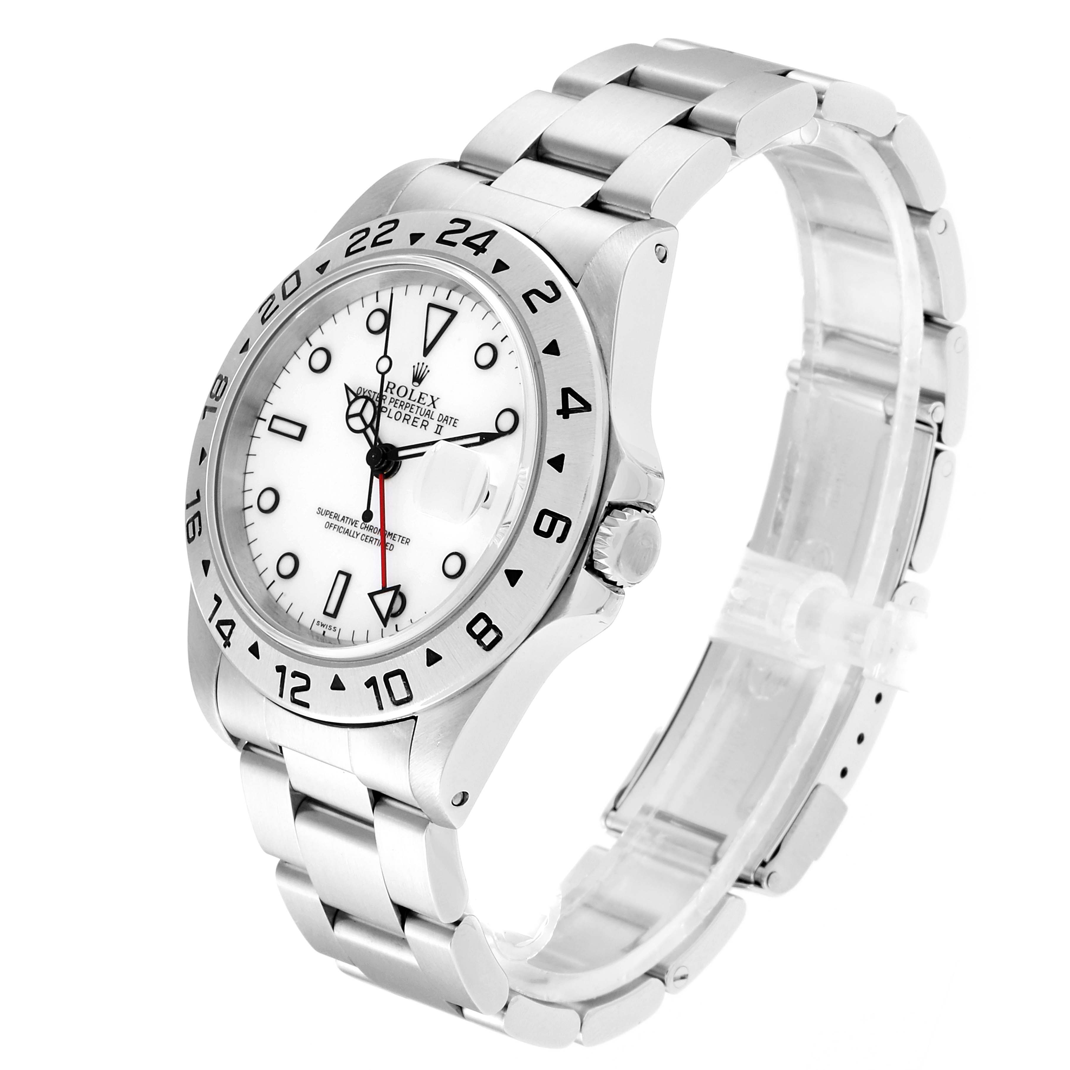 The image shows a Rolex Explorer 16570 Men
s Stainless Steel White Dial 16570 Men
s Stainless Steel White Dial watch in a three-quarter view, highlighting its white dial, bezel, and bracelet.