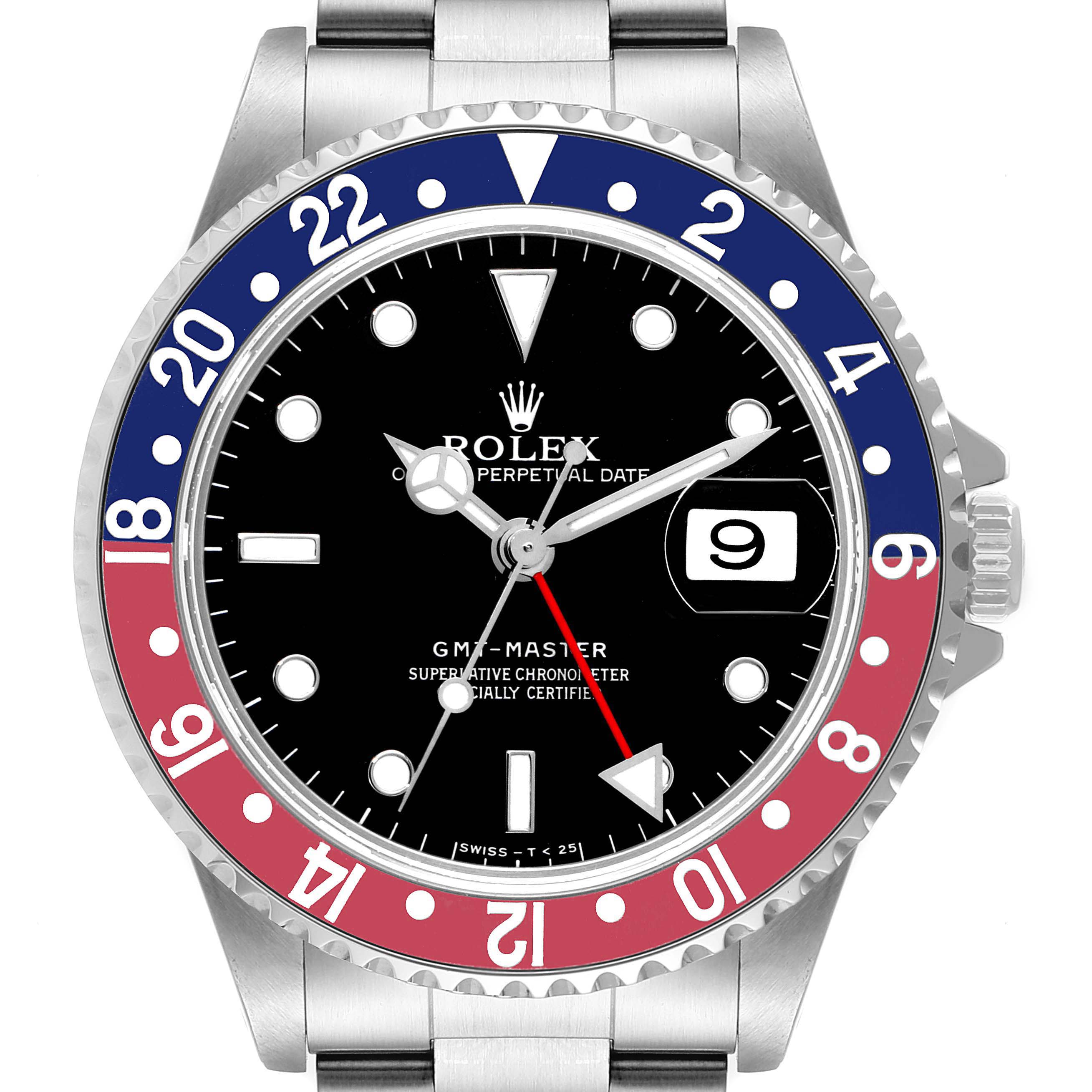 This Rolex GMT-Master 16700 Men
s Stainless Steel Black Dial 16700 Men
s Stainless Steel Black Dial watch is shown from the front angle, displaying the bezel, dial, hands, crown, and bracelet top.