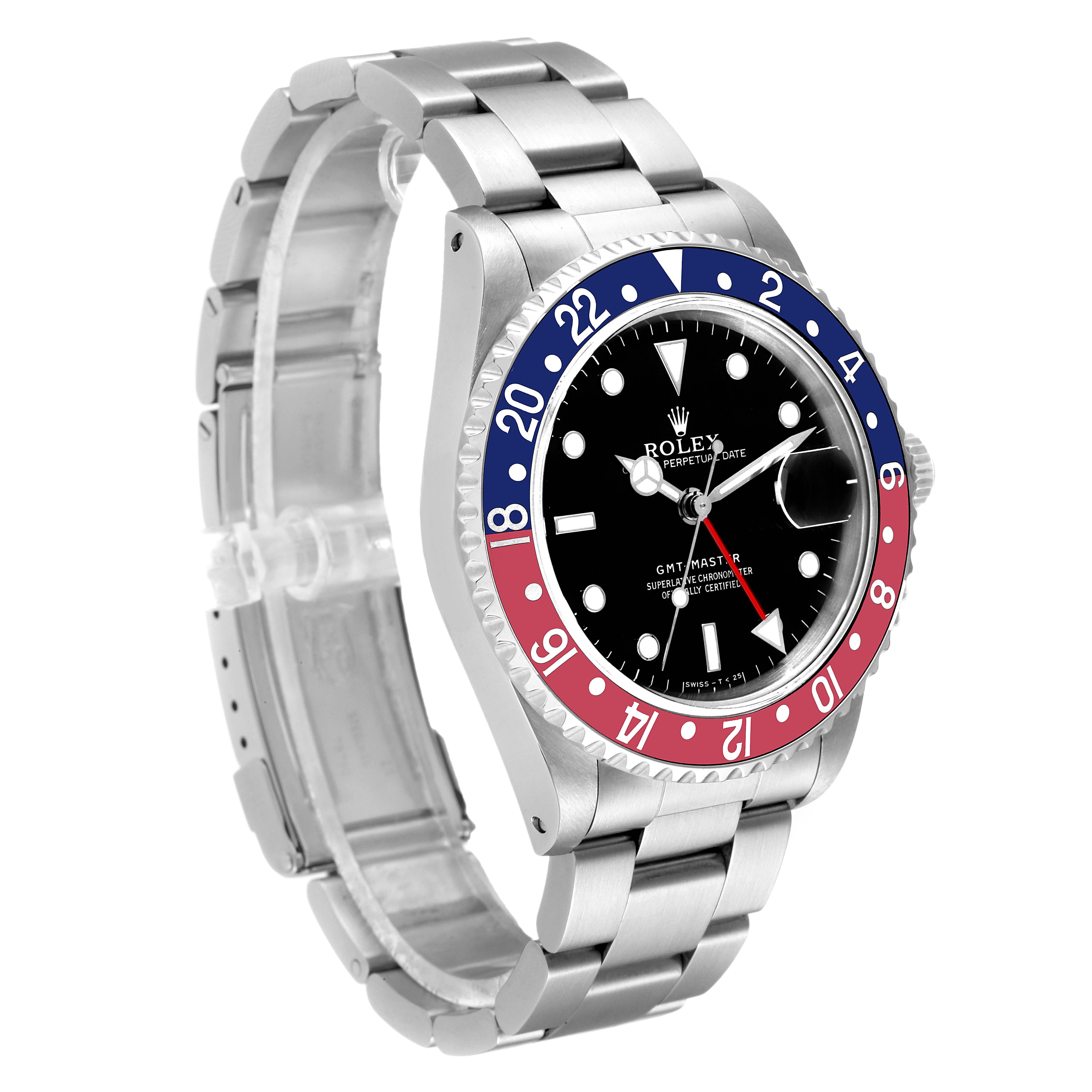 This image shows a Rolex GMT-Master 16700 Men
s Stainless Steel Black Dial 16700 Men
s Stainless Steel Black Dial watch at a three-quarter angle, highlighting its bracelet, bezel, and dial.