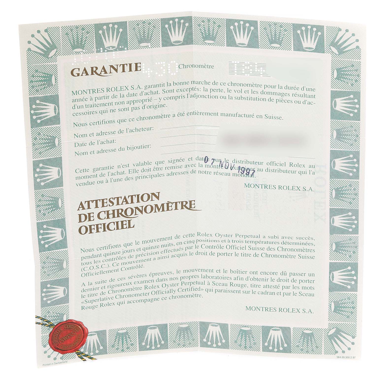 This is a warranty and chronometer certificate paper for a Rolex GMT-Master 16700 Men
s Stainless Steel Black Dial 16700 Men
s Stainless Steel Black Dial watch.