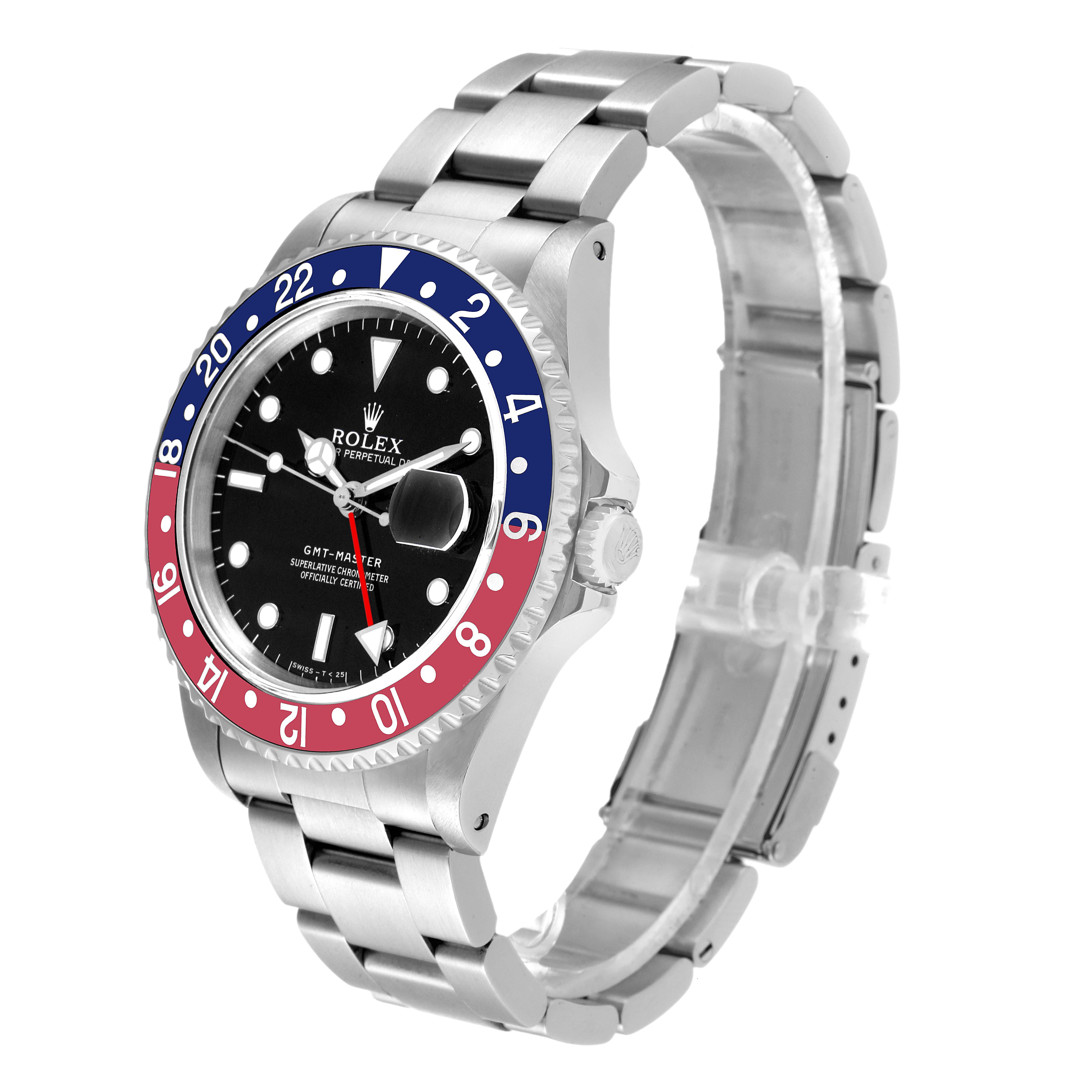 The Rolex GMT-Master 16700 Men
s Stainless Steel Black Dial 16700 Men
s Stainless Steel Black Dial watch is shown at an angle displaying its face, bezel, case, and bracelet.