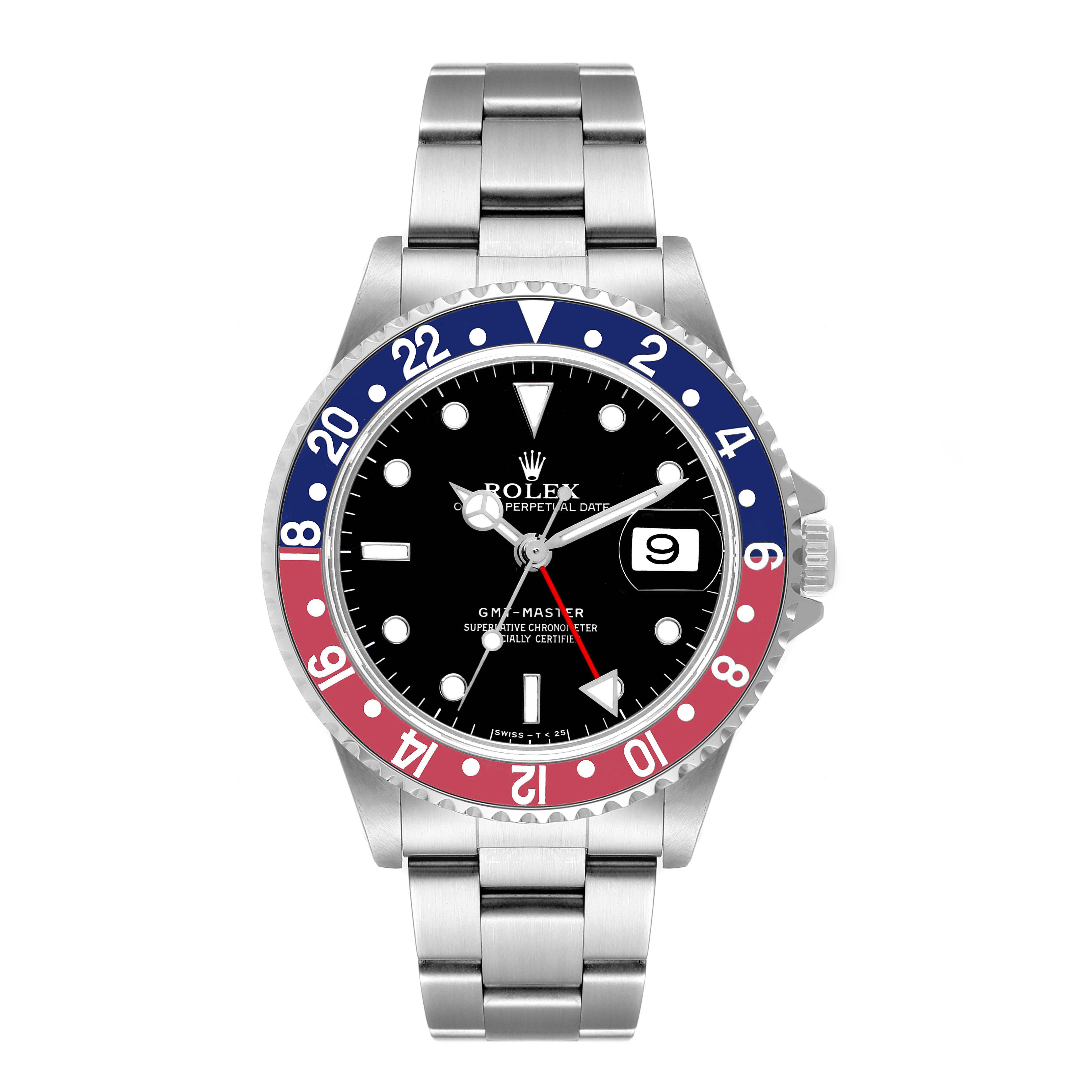 This is a front view of the Rolex GMT-Master 16700 Men
s Stainless Steel Black Dial 16700 Men
s Stainless Steel Black Dial watch, showing the dial, bezel, and bracelet.