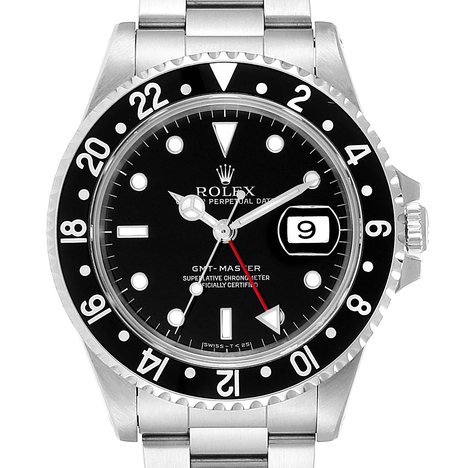 The image shows a front view of a Rolex GMT-Master 16700 Men's Stainless Steel Black Dial 16700 Men's Stainless Steel Black Dial watch, highlighting its dial, bezel, and date window.