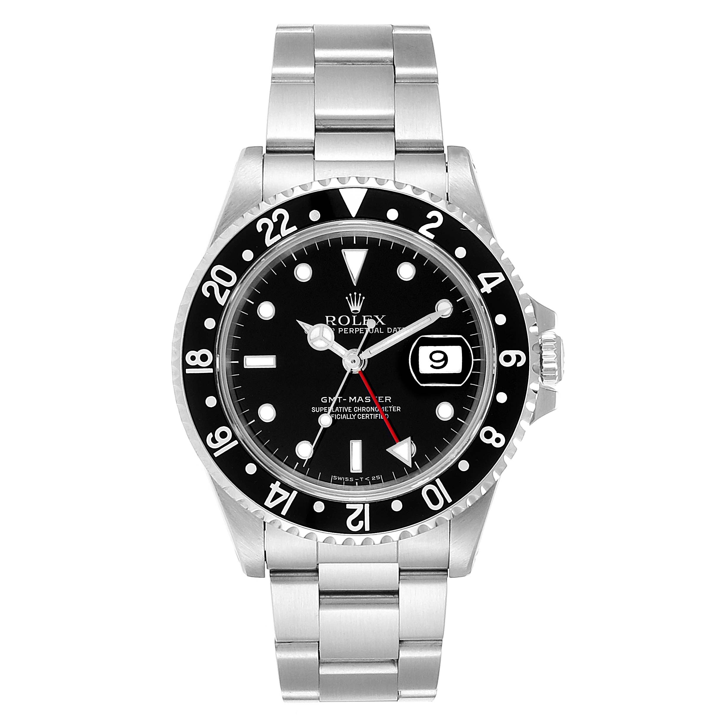 The image shows a front view of the Rolex GMT-Master 16700 Men's Stainless Steel Black Dial 16700 Men's Stainless Steel Black Dial watch, displaying the dial, bezel, and bracelet.