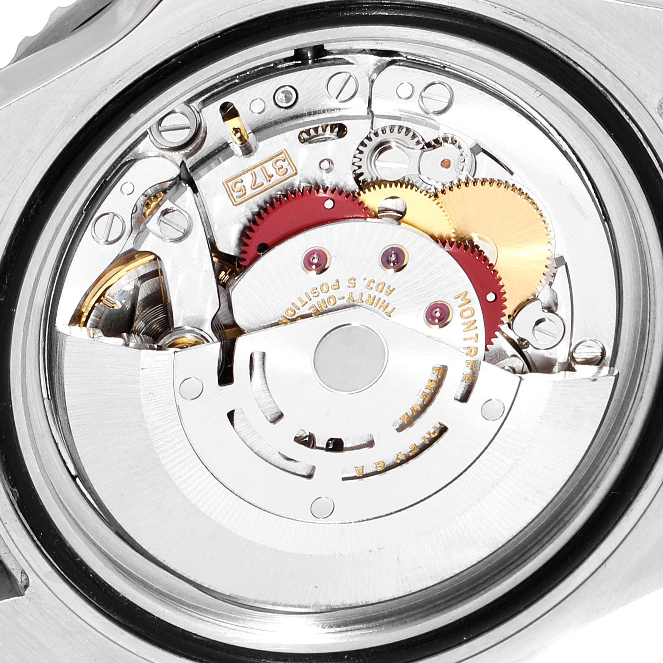 This image shows the inner mechanism and movement of a Rolex GMT-Master 16700 Men's Stainless Steel Black Dial 16700 Men's Stainless Steel Black Dial watch from a close-up, rear angle.