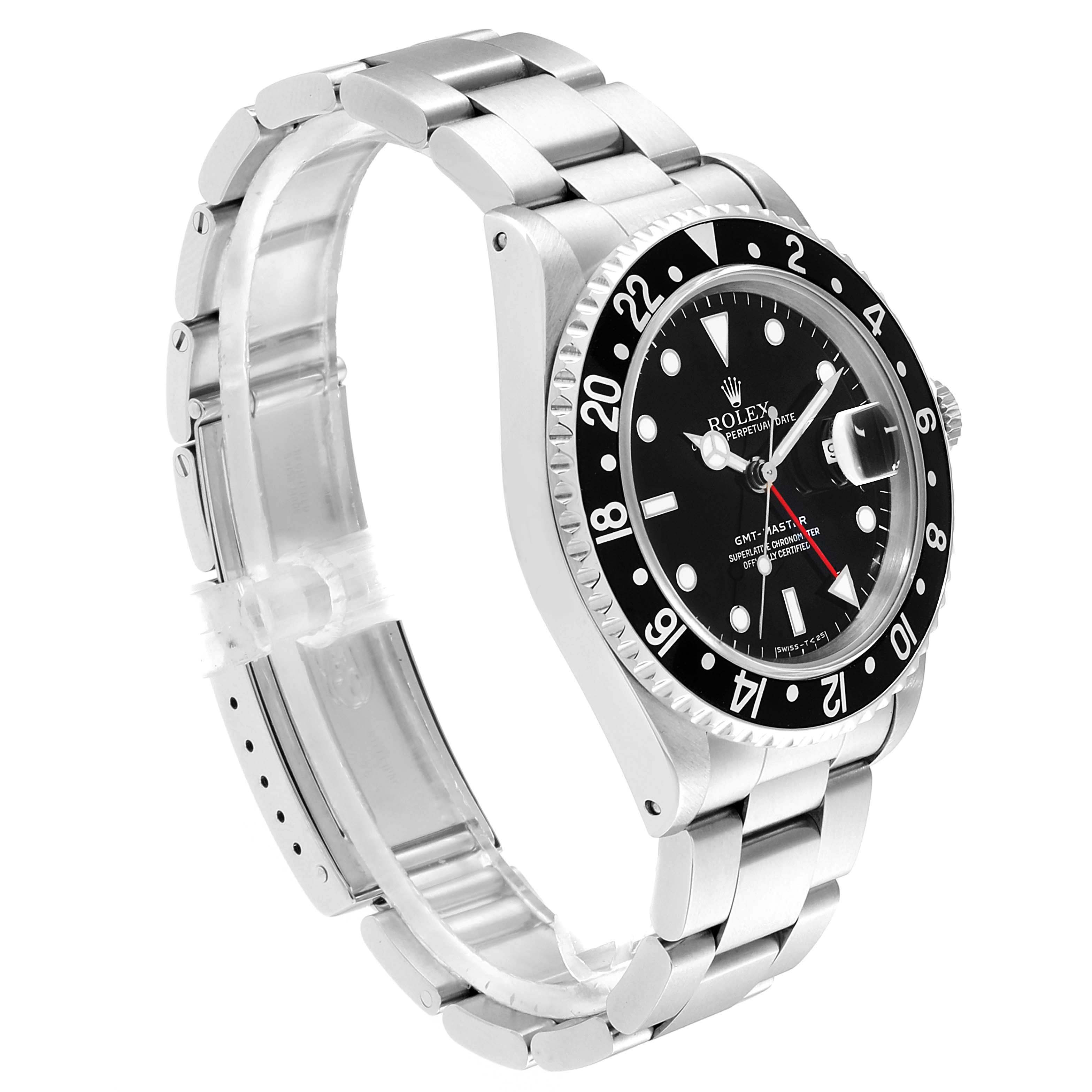The image shows an angled side view of the Rolex GMT-Master 16700 Men's Stainless Steel Black Dial 16700 Men's Stainless Steel Black Dial watch, highlighting its bezel, dial, and bracelet.