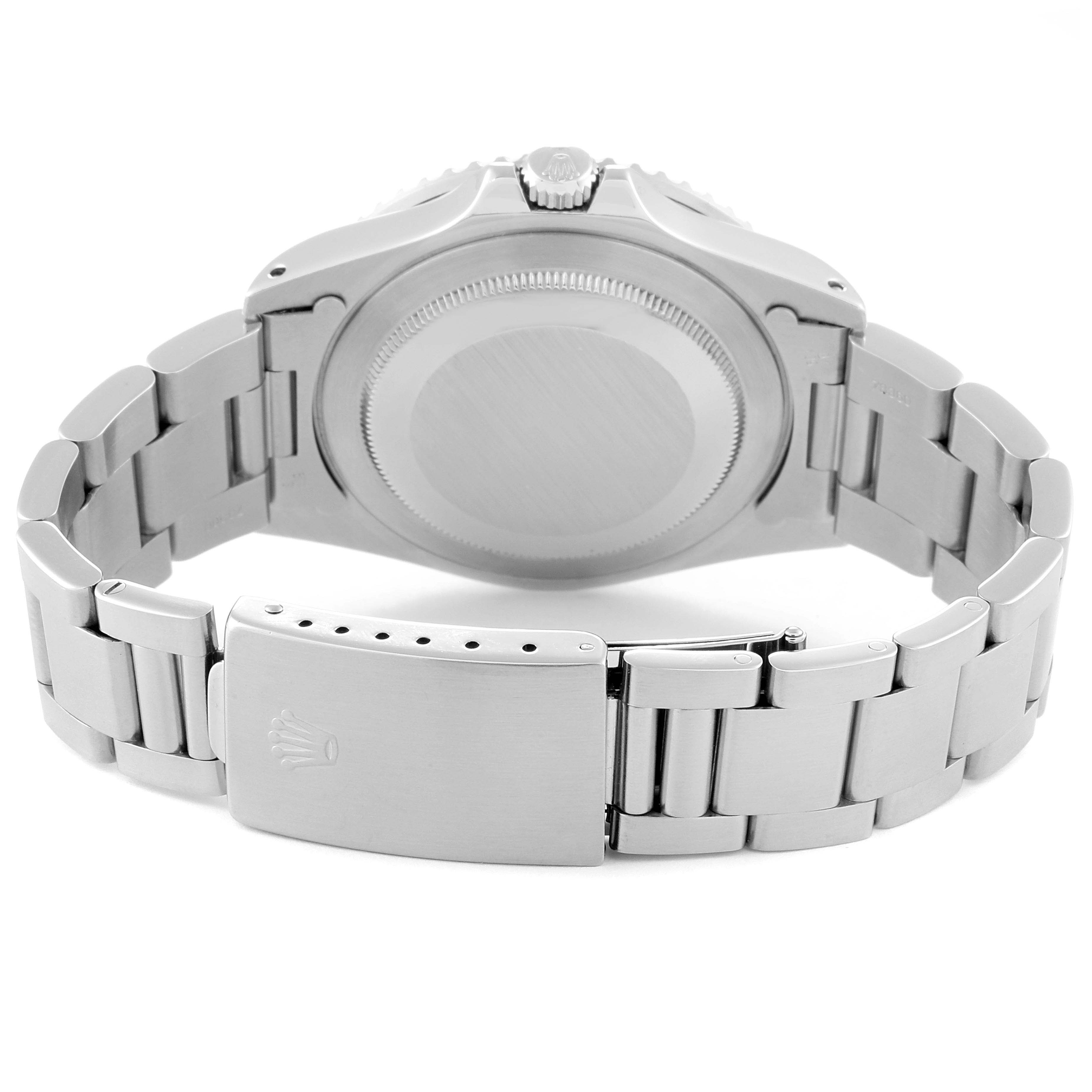 The image shows the back case and bracelet clasp of a Rolex GMT-Master 16700 Men's Stainless Steel Black Dial 16700 Men's Stainless Steel Black Dial watch, viewed from the rear angle.