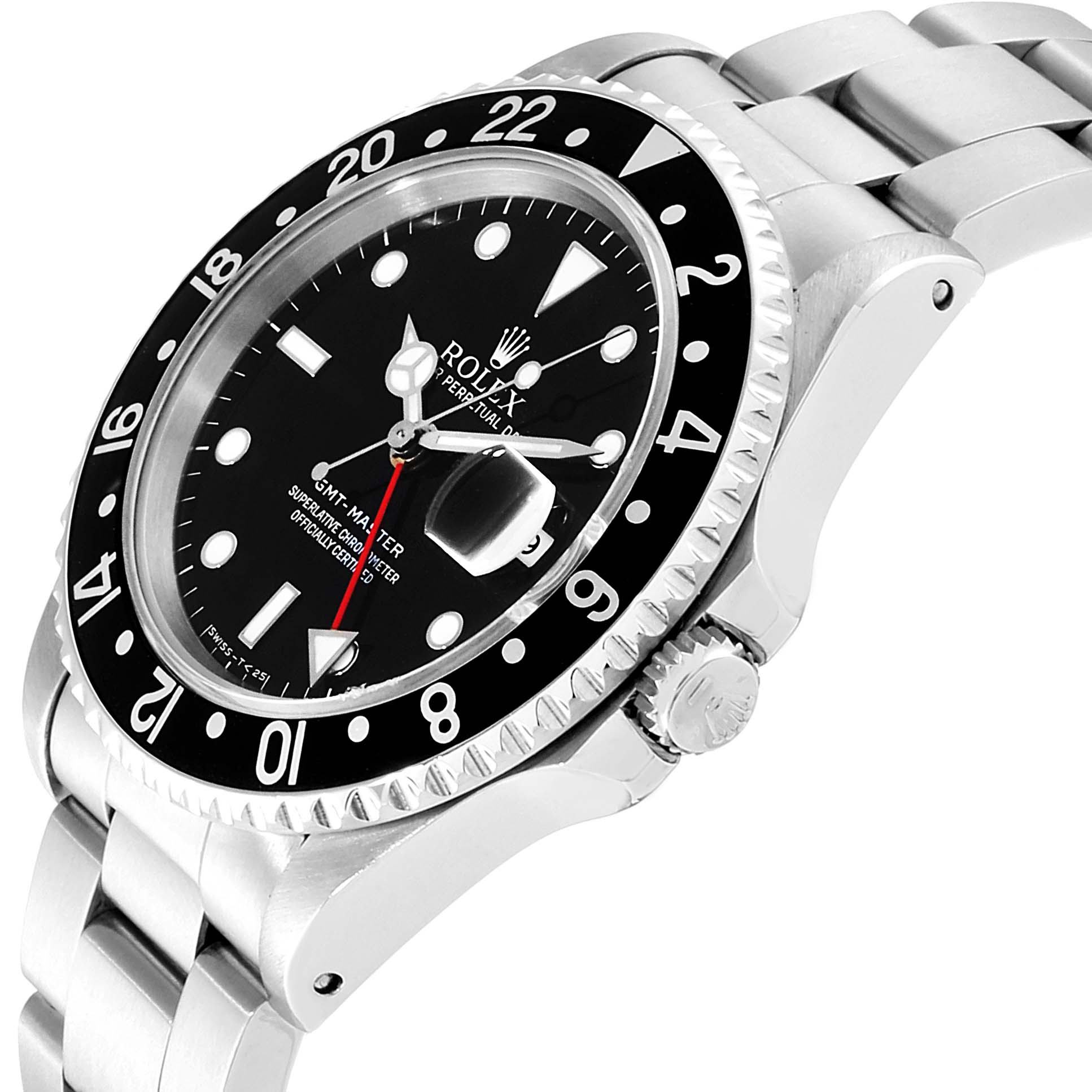 The image shows a angled view of a Rolex GMT-Master 16700 Men's Stainless Steel Black Dial 16700 Men's Stainless Steel Black Dial watch, highlighting the bezel, dial, crown, and part of the bracelet.