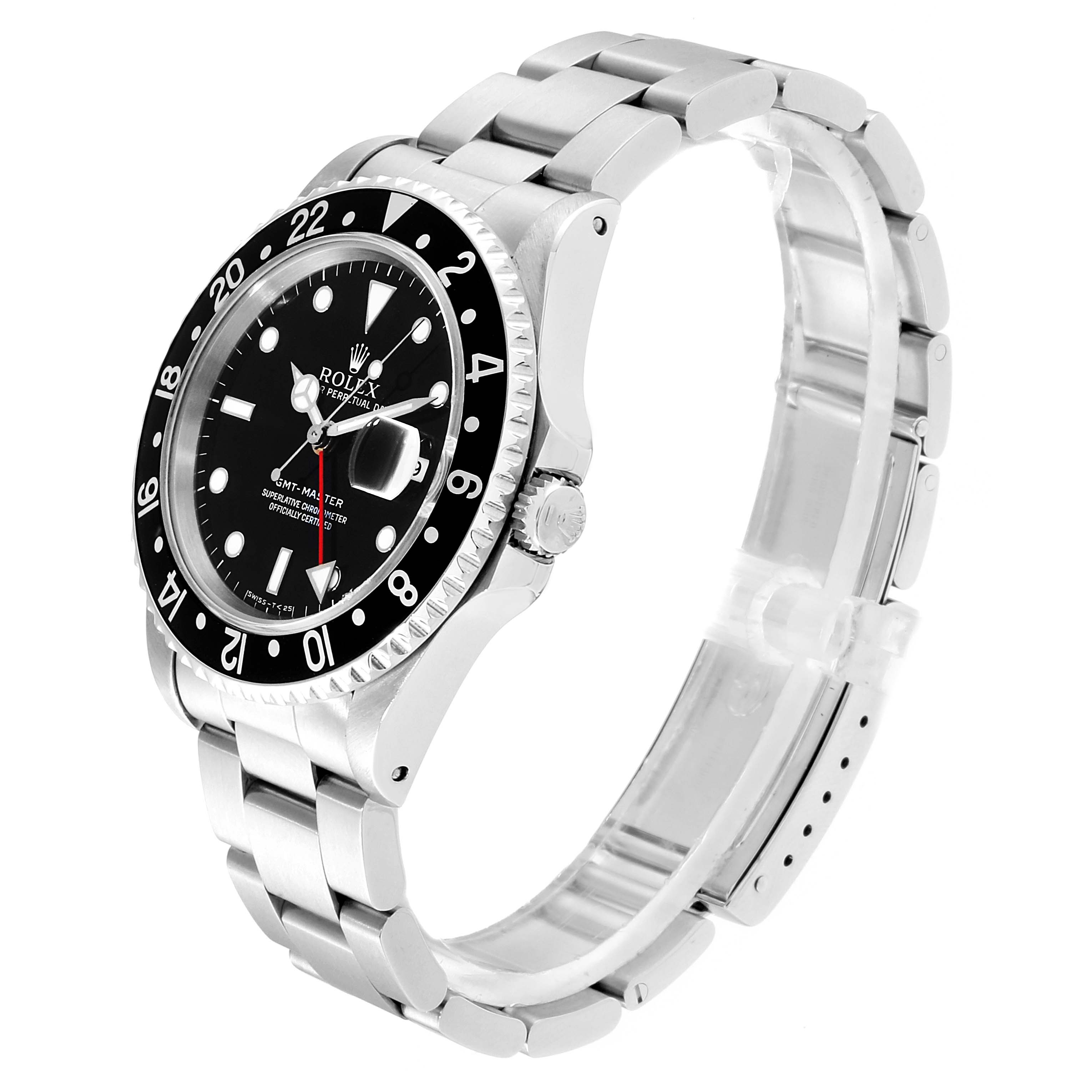 This image shows a side profile angle of a Rolex GMT-Master 16700 Men's Stainless Steel Black Dial 16700 Men's Stainless Steel Black Dial watch, highlighting the black bezel, dial, and stainless steel bracelet.