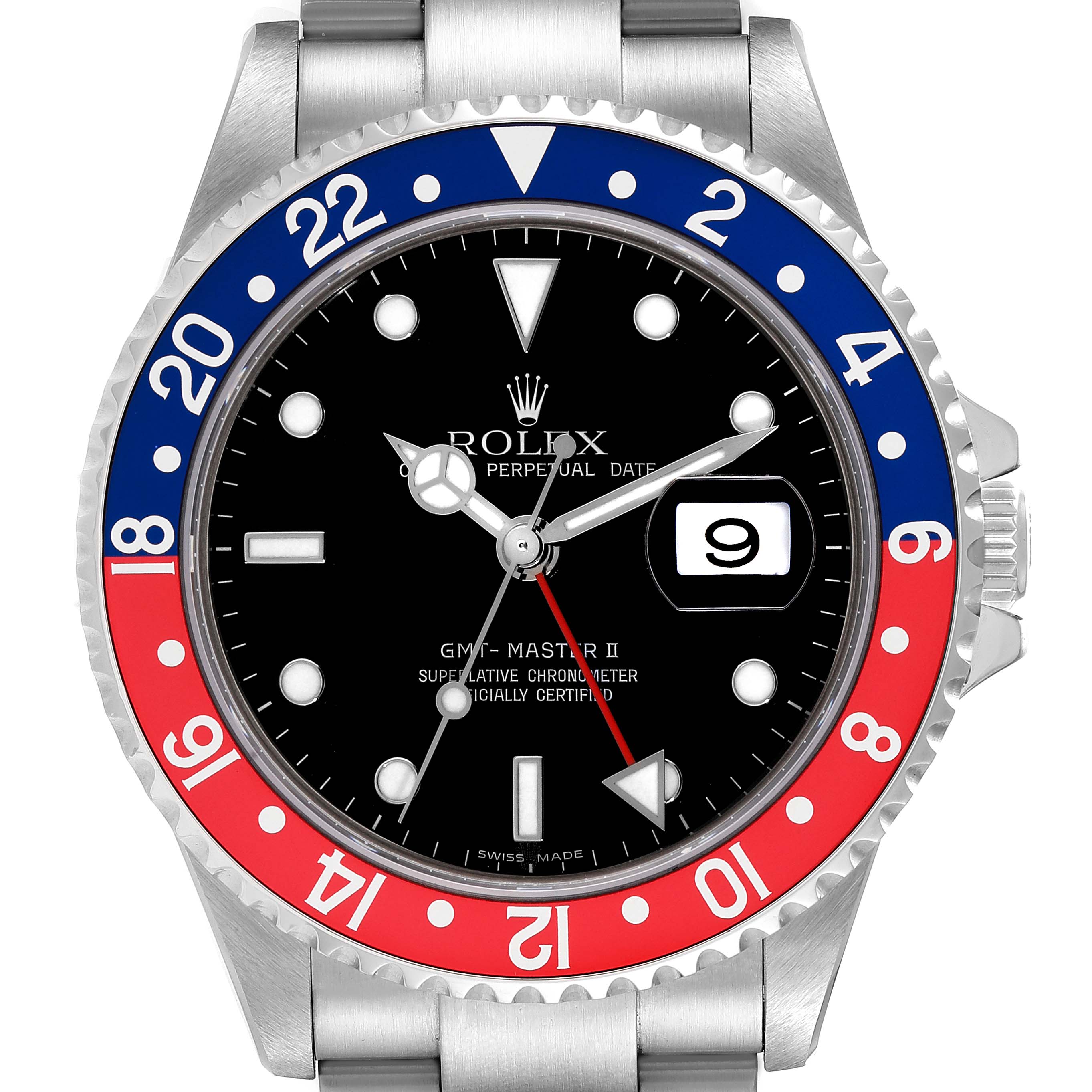 This image shows a front view of the Rolex GMT-Master 16710 Men
s Stainless Steel Black Dial 16710 Men
s Stainless Steel Black Dial II watch, highlighting the bezel, dial, and bracelet.