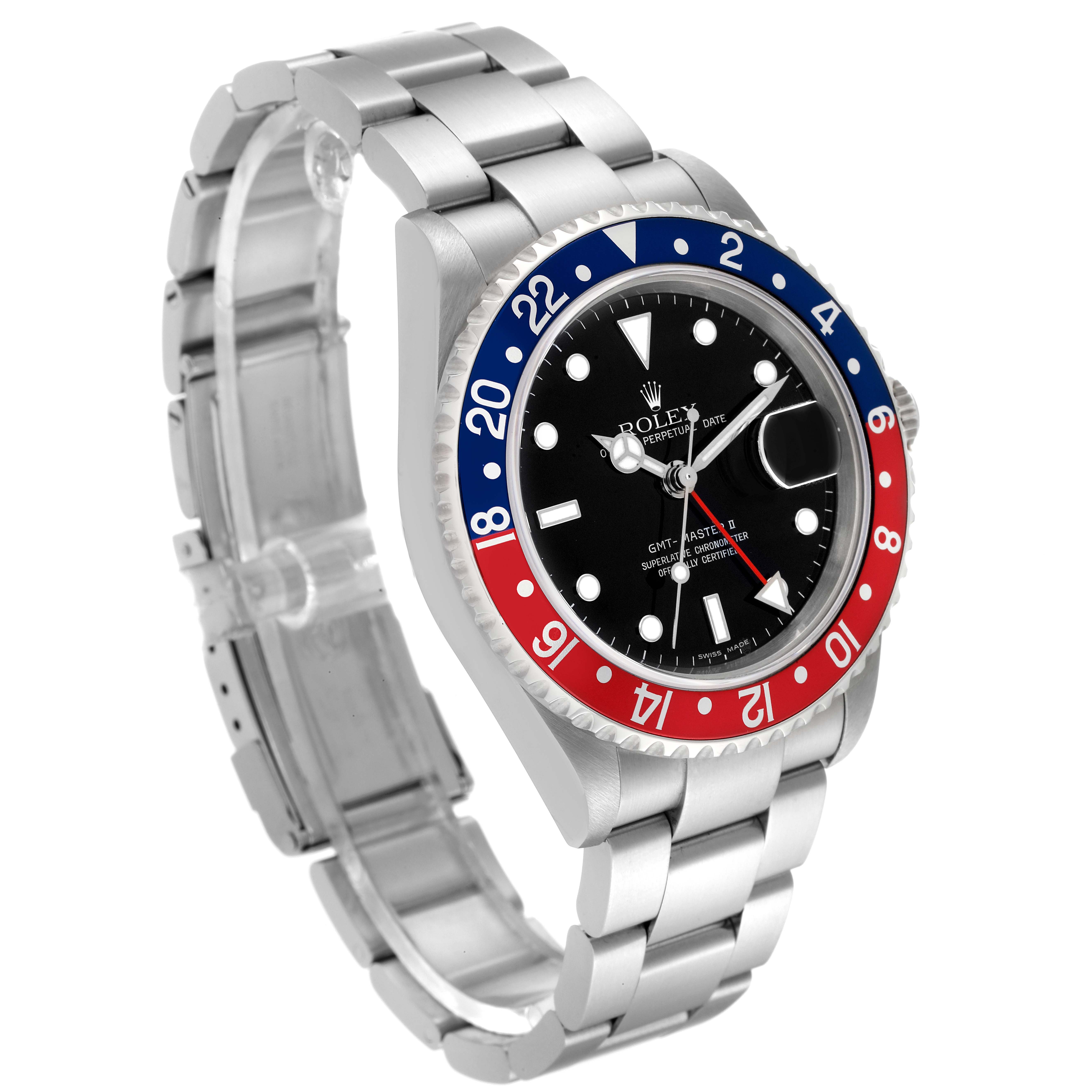 The image shows a side-angle view of a Rolex GMT-Master 16710 Men
s Stainless Steel Black Dial 16710 Men
s Stainless Steel Black Dial watch, highlighting the bezel, dial, and bracelet.