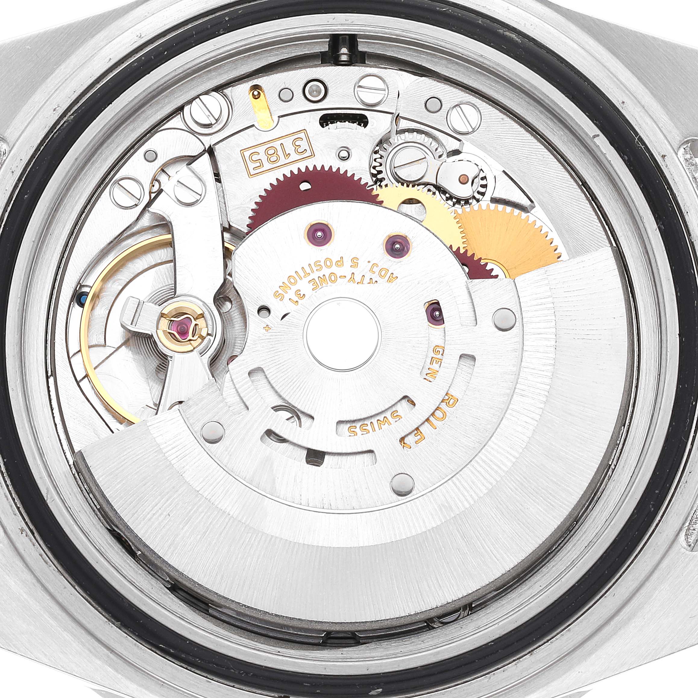 The image shows the internal mechanical movement of a Rolex GMT-Master 16710 Men
s Stainless Steel Black Dial 16710 Men
s Stainless Steel Black Dial watch from a top-down angle.