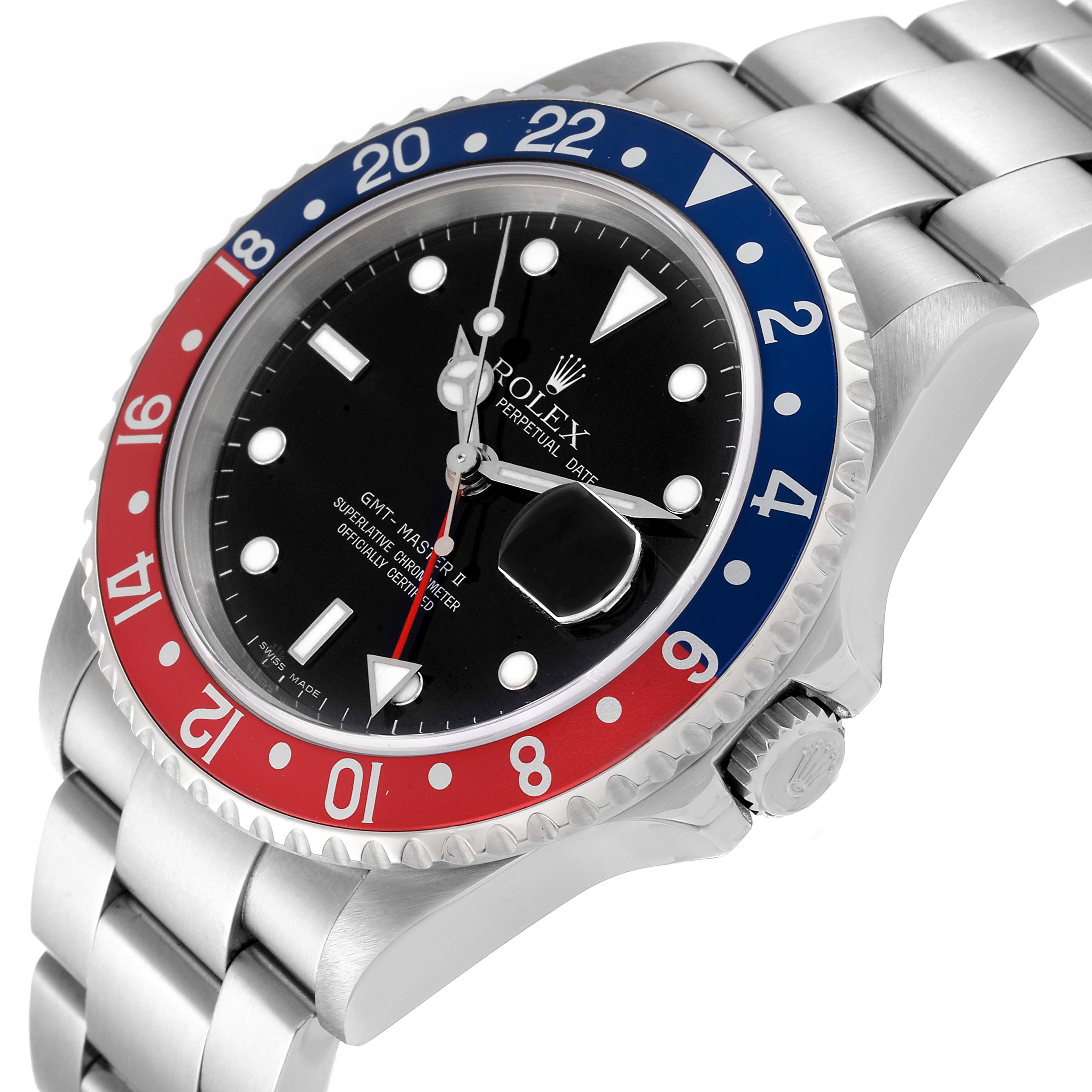 The image shows a Rolex GMT-Master 16710 Men
s Stainless Steel Black Dial 16710 Men
s Stainless Steel Black Dial II watch from an angled side view, highlighting the bezel, dial, and part of the bracelet.