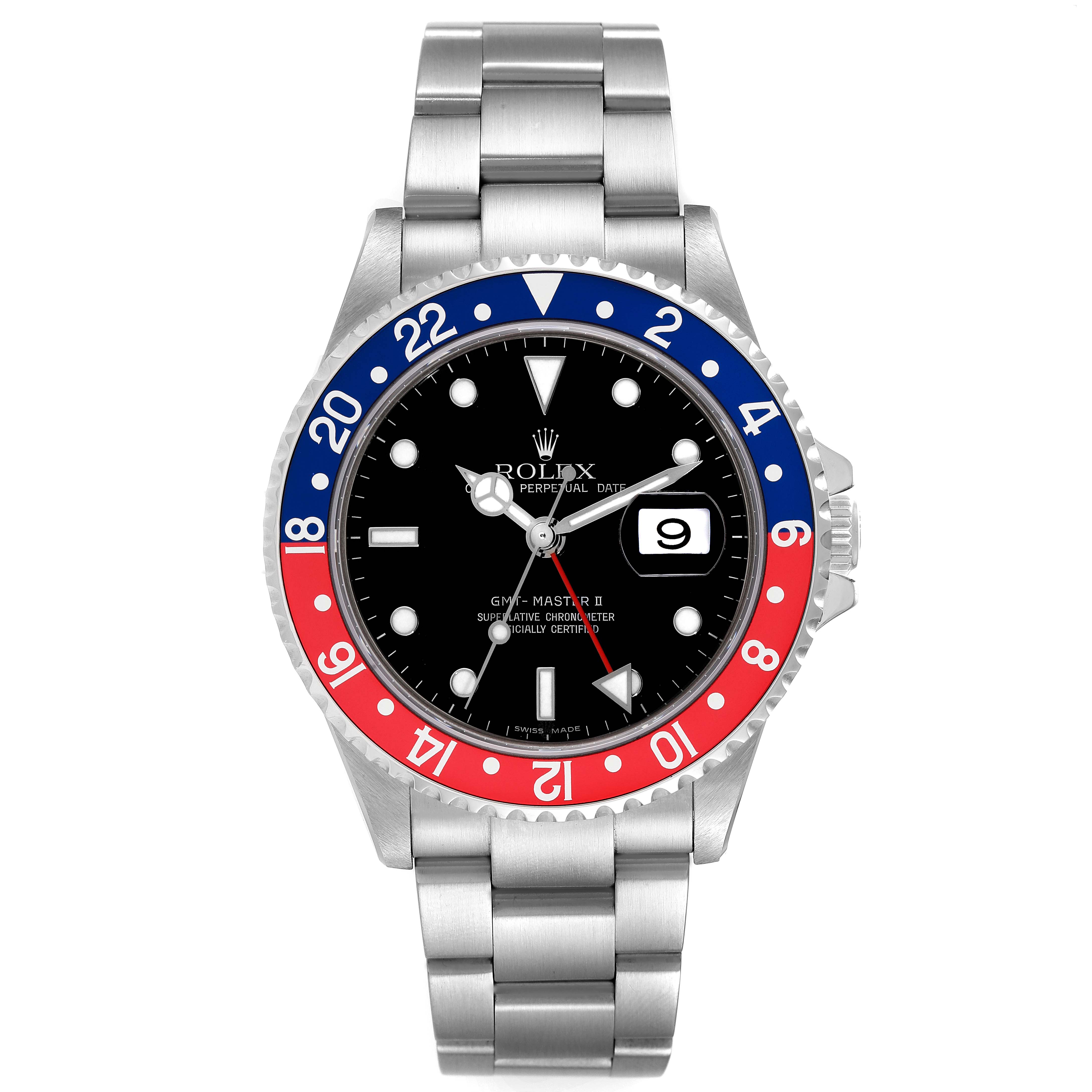 The image shows the full front view of a Rolex GMT-Master 16710 Men
s Stainless Steel Black Dial 16710 Men
s Stainless Steel Black Dial II watch, including its dial, bezel, and stainless steel bracelet.