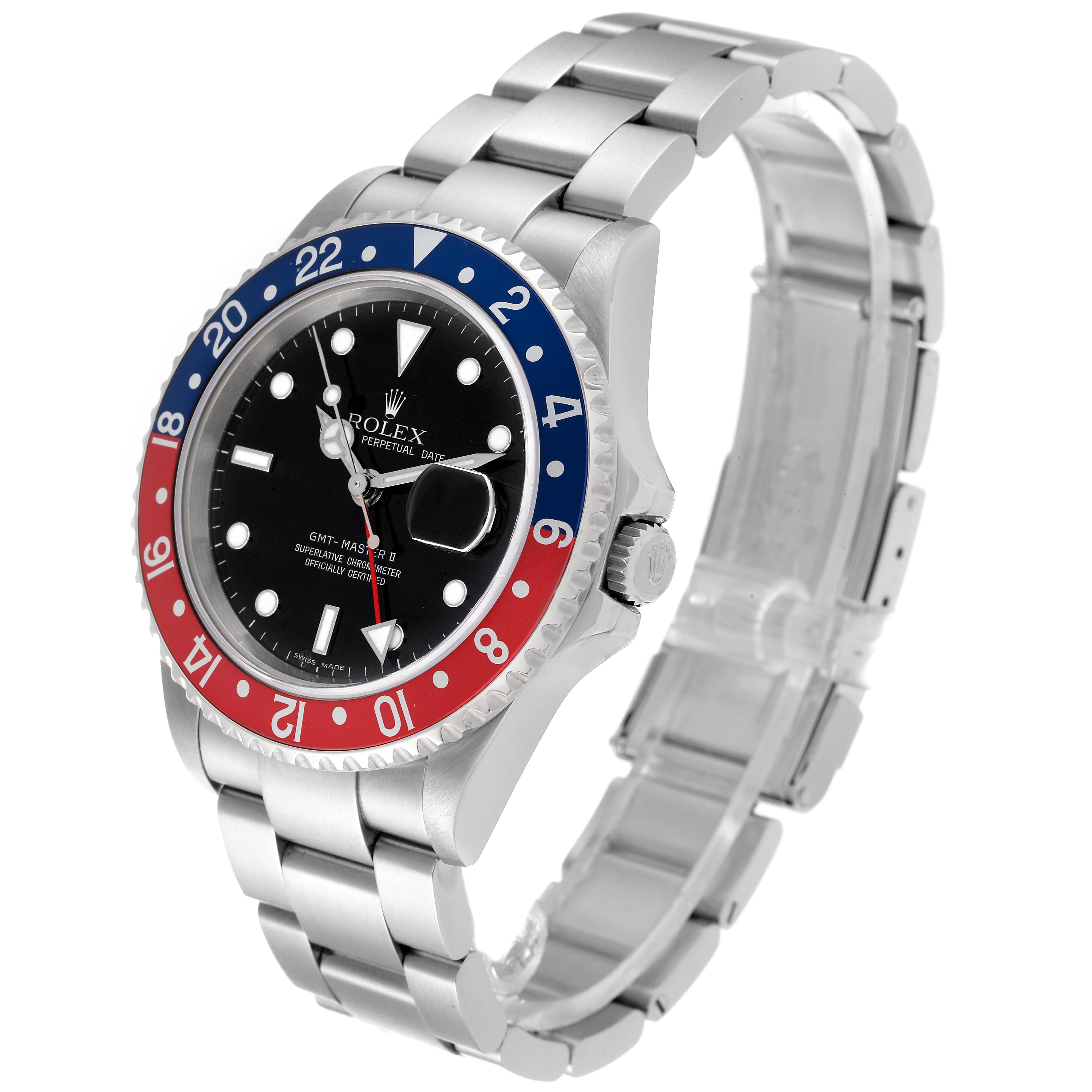 The image shows a side angle of a Rolex GMT-Master 16710 Men
s Stainless Steel Black Dial 16710 Men
s Stainless Steel Black Dial watch featuring its bezel, crown, dial, and bracelet.
