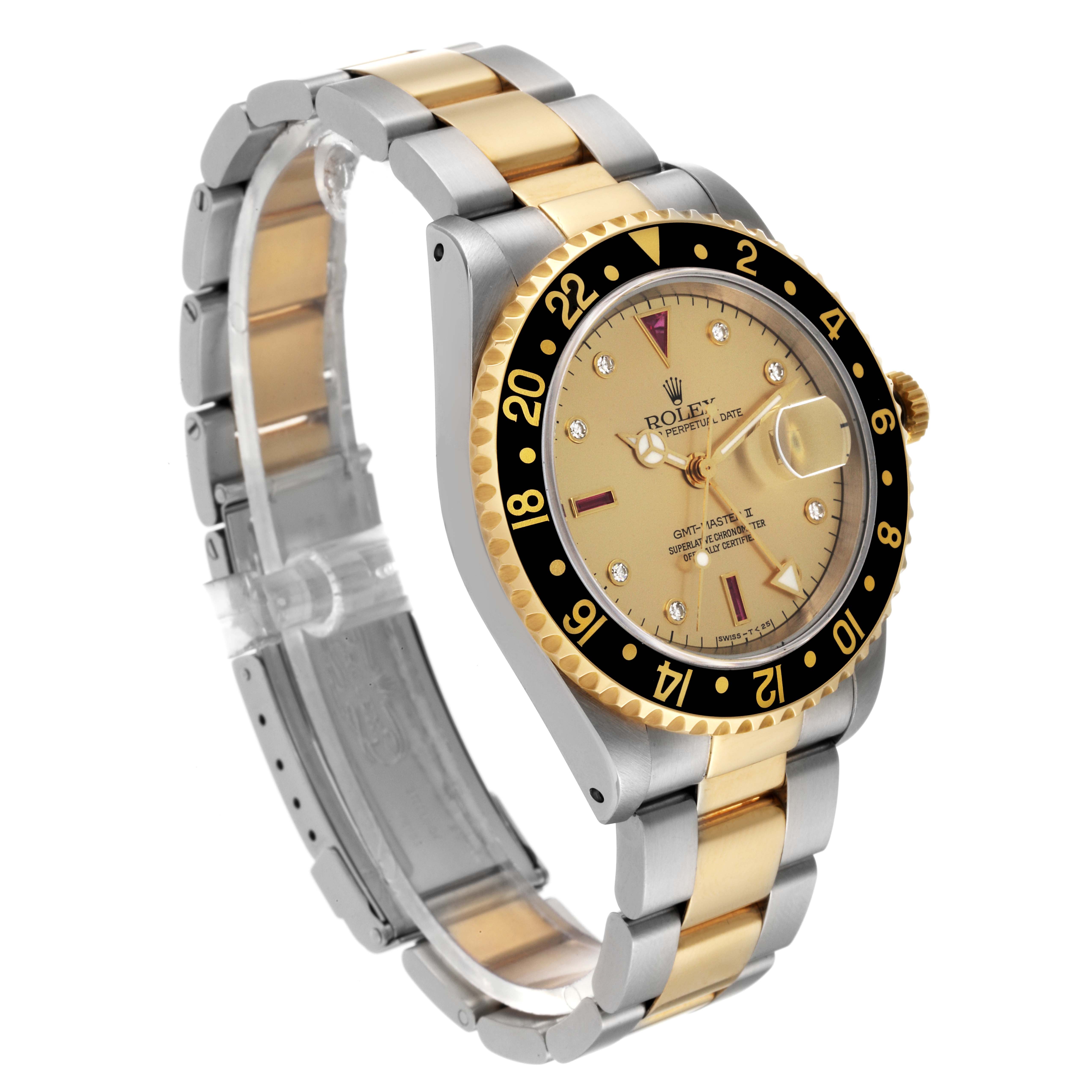 The image shows a Rolex Submariner 16713 Men's Steel and Gold (two tone) Champagne Dial 16713 Men's Steel and Gold (two tone) Champagne Dial watch from a side angle, highlighting the band, bezel, and face.
