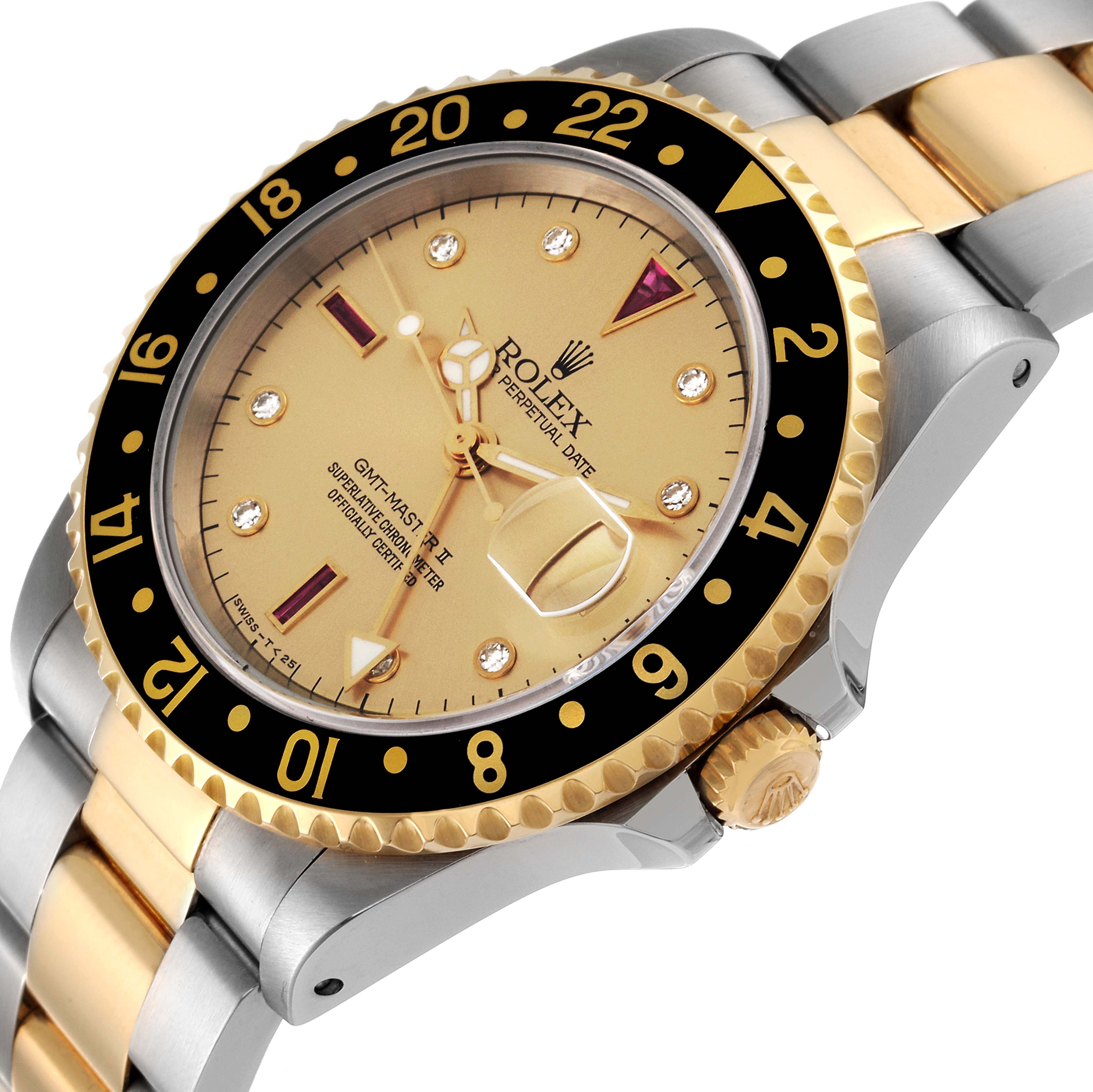 This is a close-up angle showing the dial, bezel, crown, and bracelet of the Rolex GMT-Master II watch.