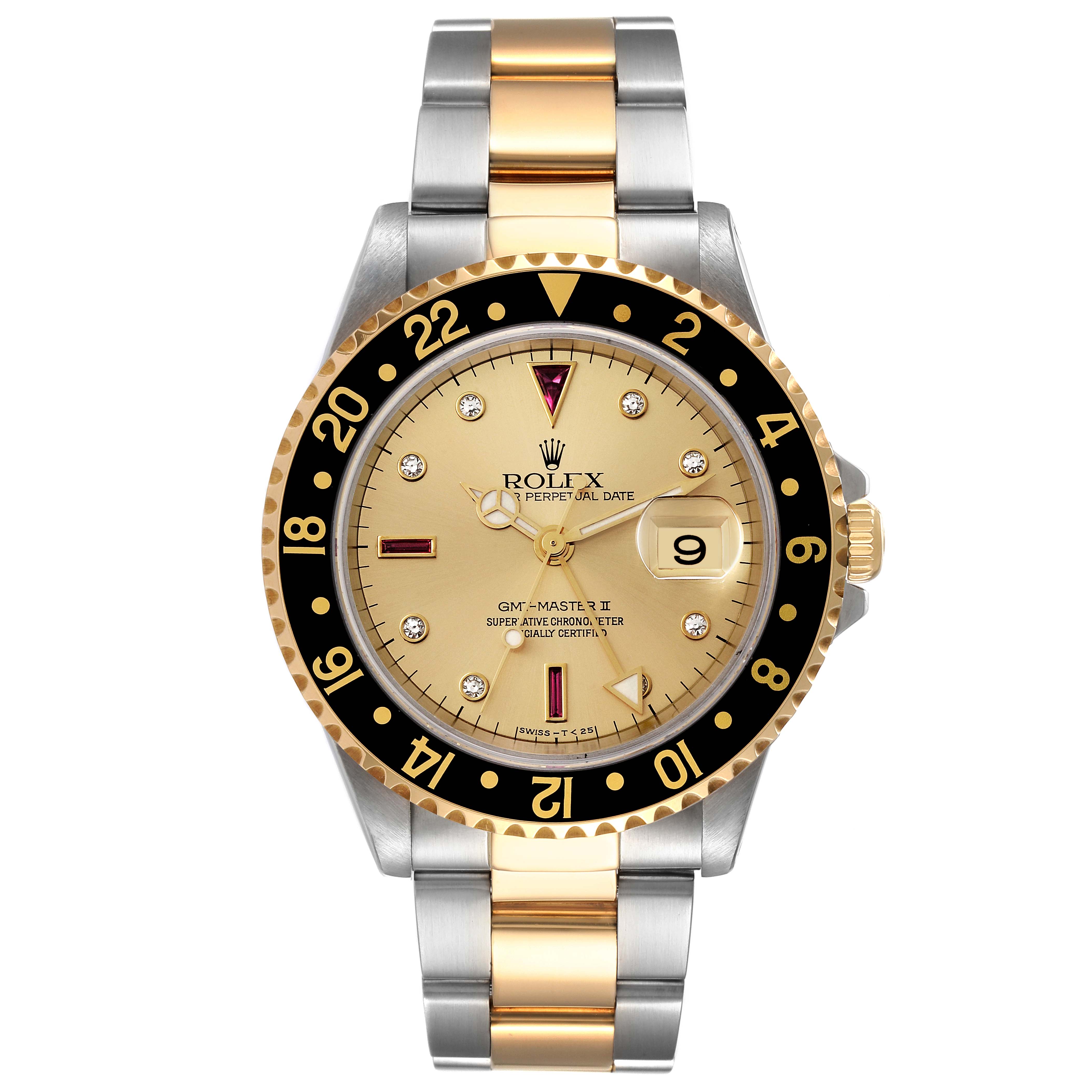 This is a front view of a Rolex Submariner 16713 Men's Steel and Gold (two tone) Champagne Dial 16713 Men's Steel and Gold (two tone) Champagne Dial, showing the face, bezel, dial, and bracelet.