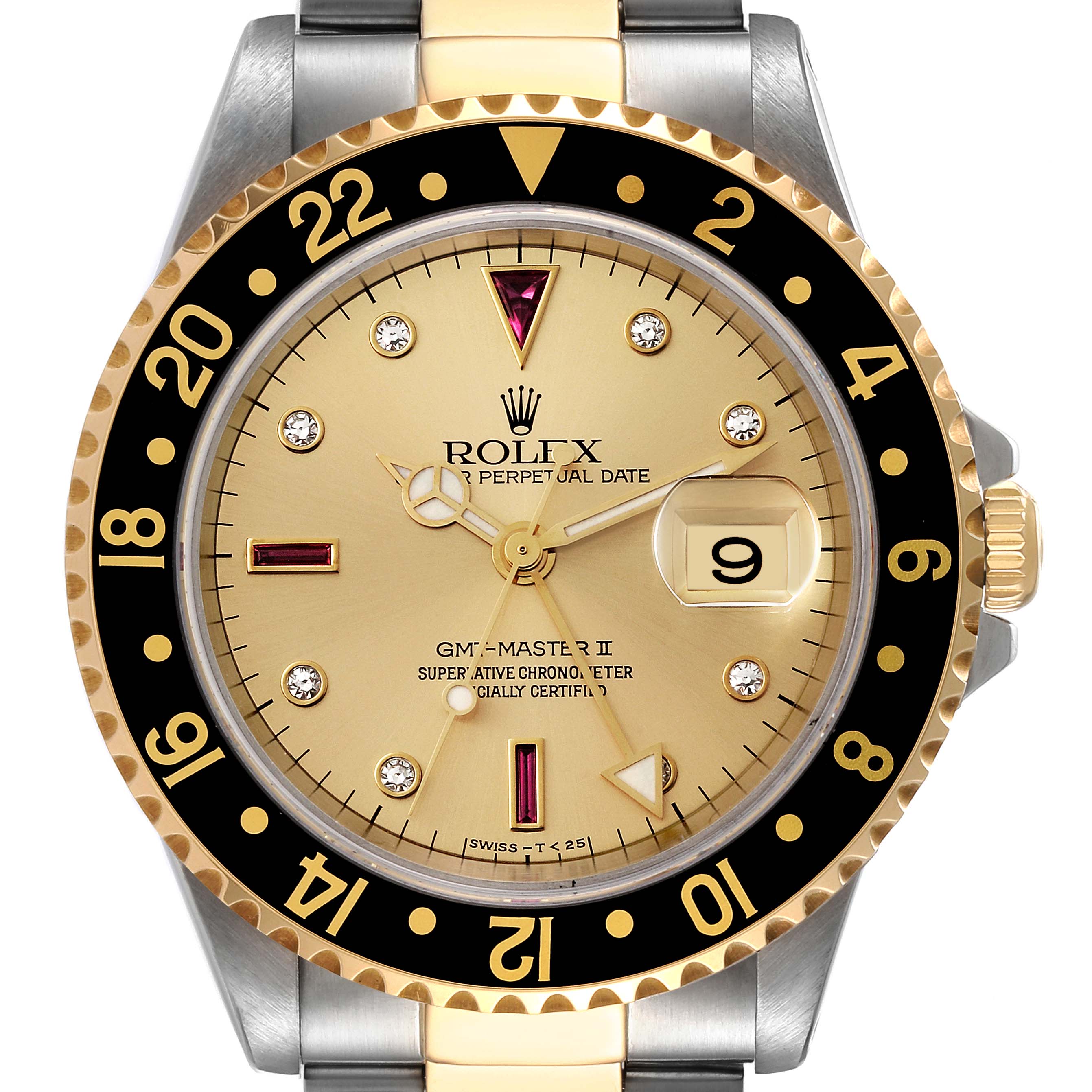 The image shows a close-up front view of a Rolex GMT-Master II watch face and part of its band.