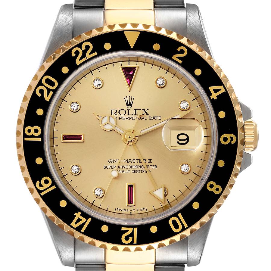 Rolex GMT Master II Diamond Ruby Serti Dial Steel Yellow Gold Mens Watch 16713 SwissWatchExpo