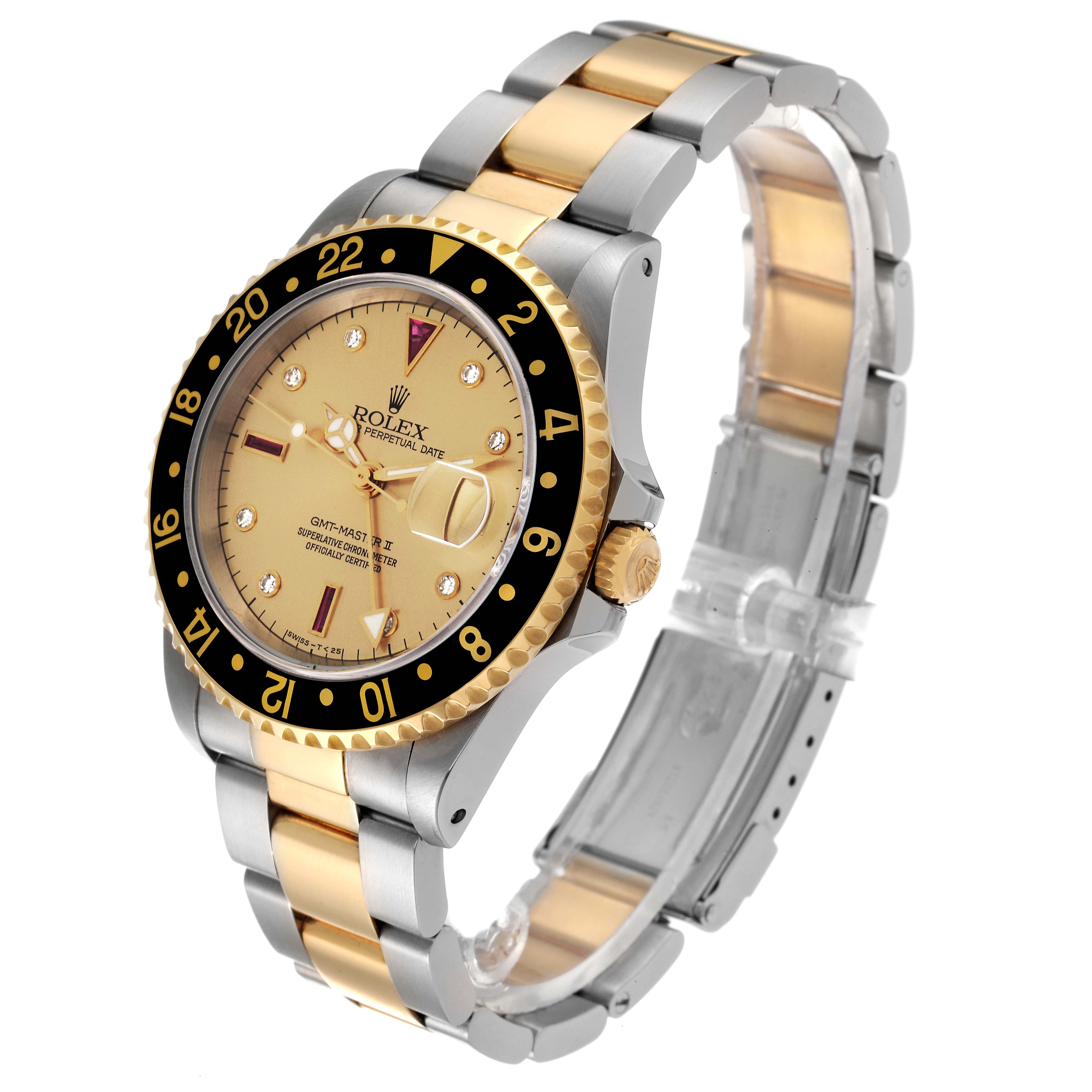 This Rolex GMT-Master II watch is shown from a front-left angle, displaying its face, bezel, crown, and bracelet.