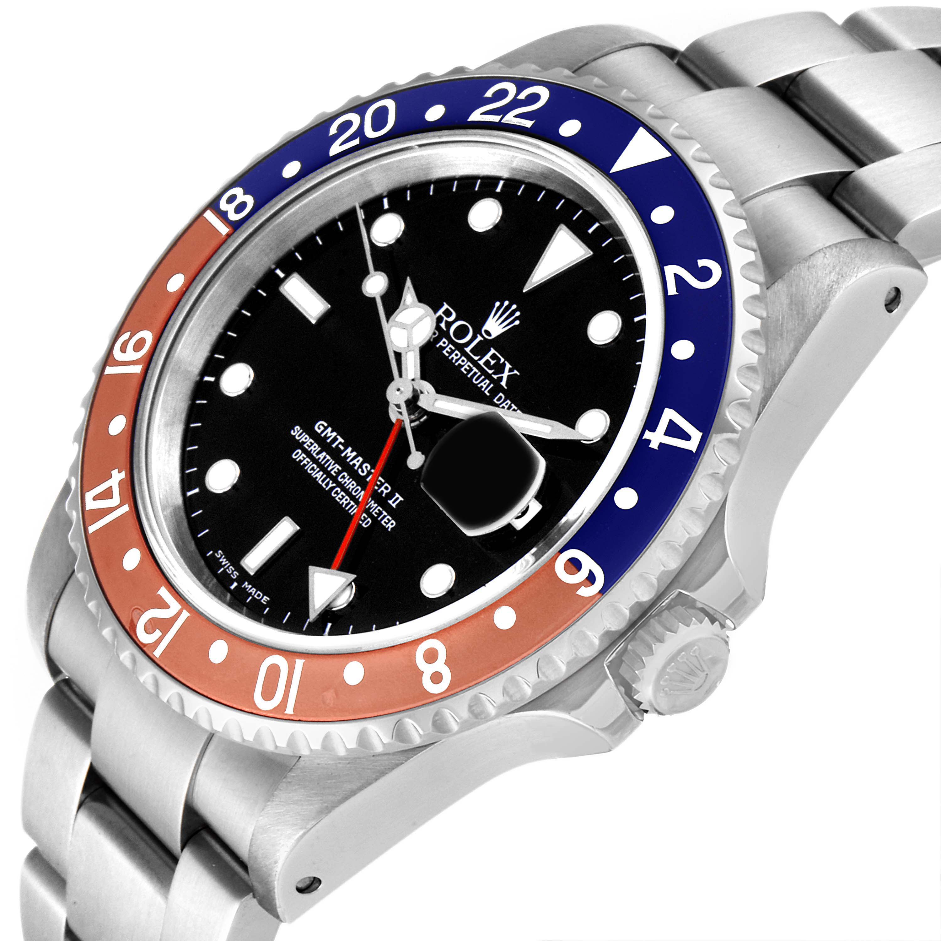 The image shows a Rolex GMT-Master 16710 Men
s Stainless Steel Black Dial 16710 Men
s Stainless Steel Black Dial II watch angled from the right side, highlighting its bezel, crown, and part of the bracelet.