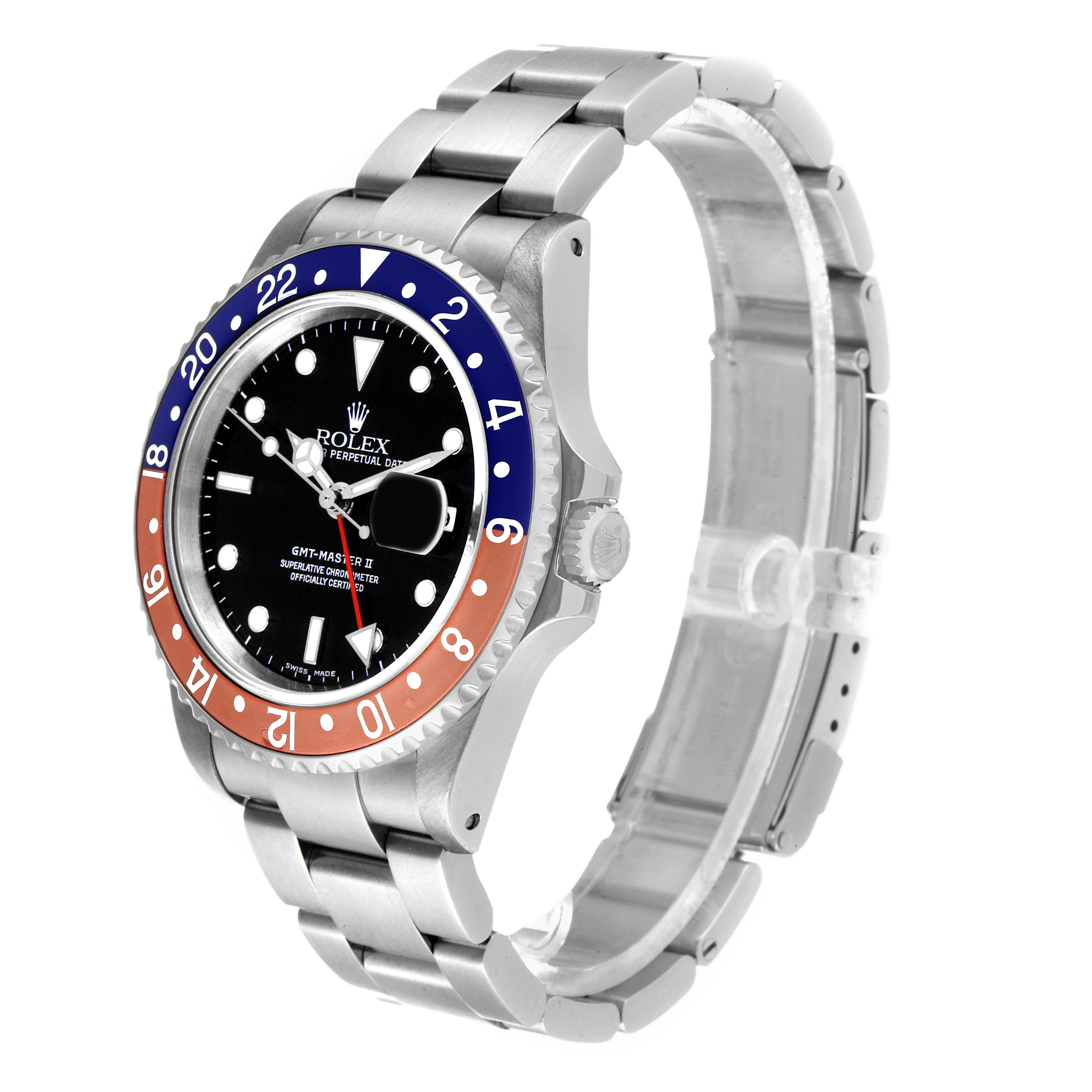 This image shows a side and front angle of a Rolex GMT-Master 16710 Men
s Stainless Steel Black Dial 16710 Men
s Stainless Steel Black Dial watch, displaying the face, bezel, and metal bracelet.