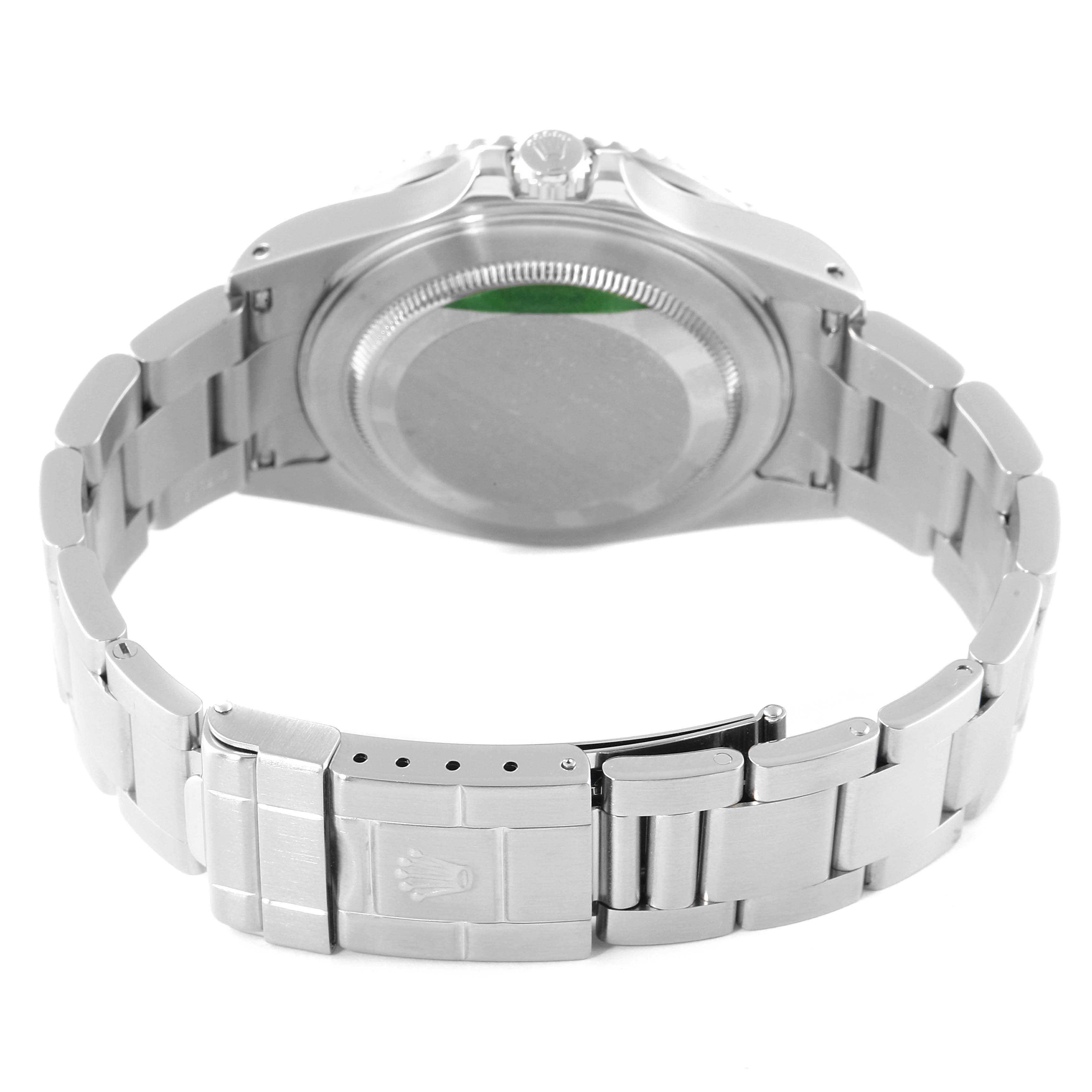 The image shows the back and clasp of a Rolex GMT-Master 16710 Men
s Stainless Steel Black Dial 16710 Men
s Stainless Steel Black Dial watch, displaying its stainless steel bracelet and case back.