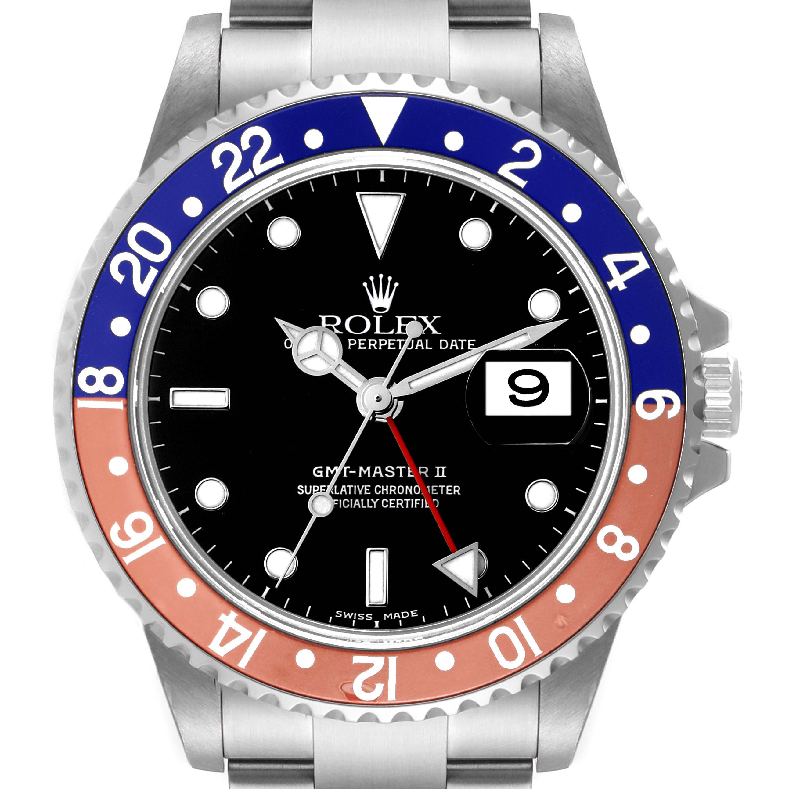 This image shows a frontal view of a Rolex GMT-Master 16710 Men
s Stainless Steel Black Dial 16710 Men
s Stainless Steel Black Dial II watch, highlighting the bezel, dial, and bracelet.