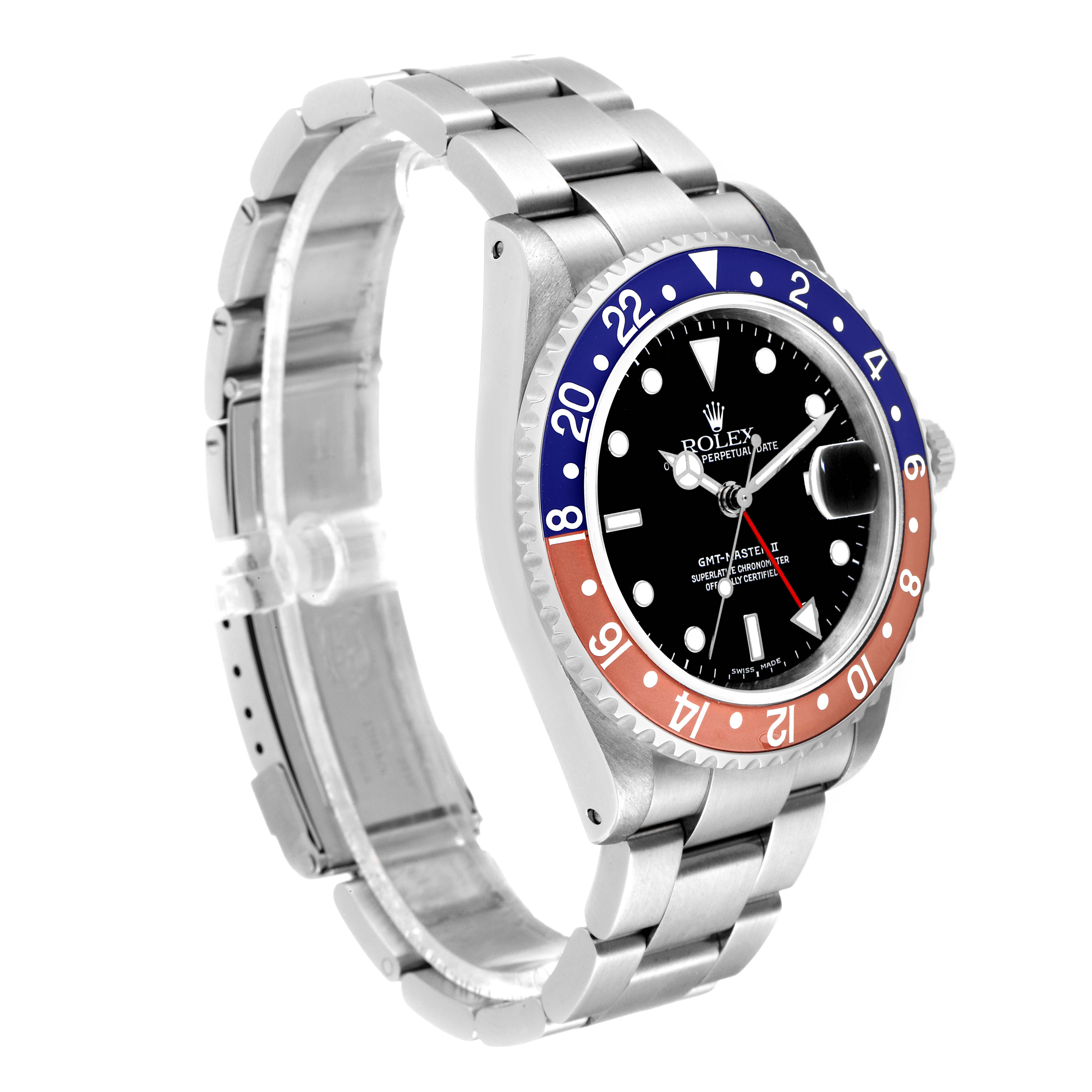 This image shows a Rolex GMT-Master 16710 Men
s Stainless Steel Black Dial 16710 Men
s Stainless Steel Black Dial watch at a slight angle, highlighting its bezel, face, and metal bracelet.